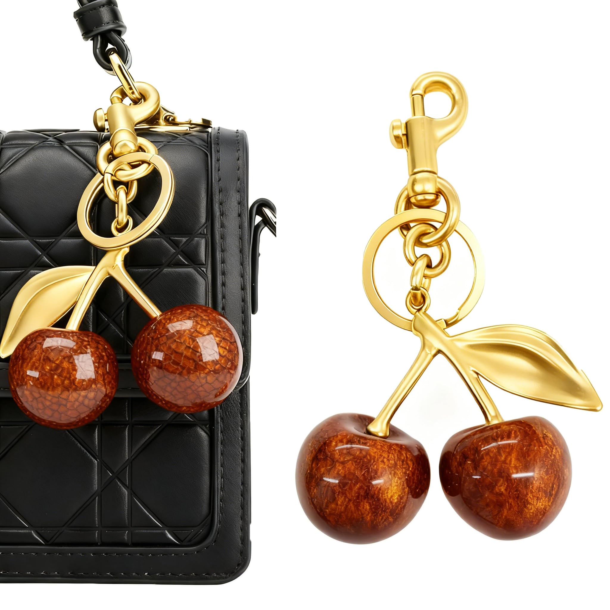 Glimbely Cherry Bag Purse Charms Cute Cherry Keychain Purse Handbags Car Keys Accessories Gifts for Women (Gold-Amber)