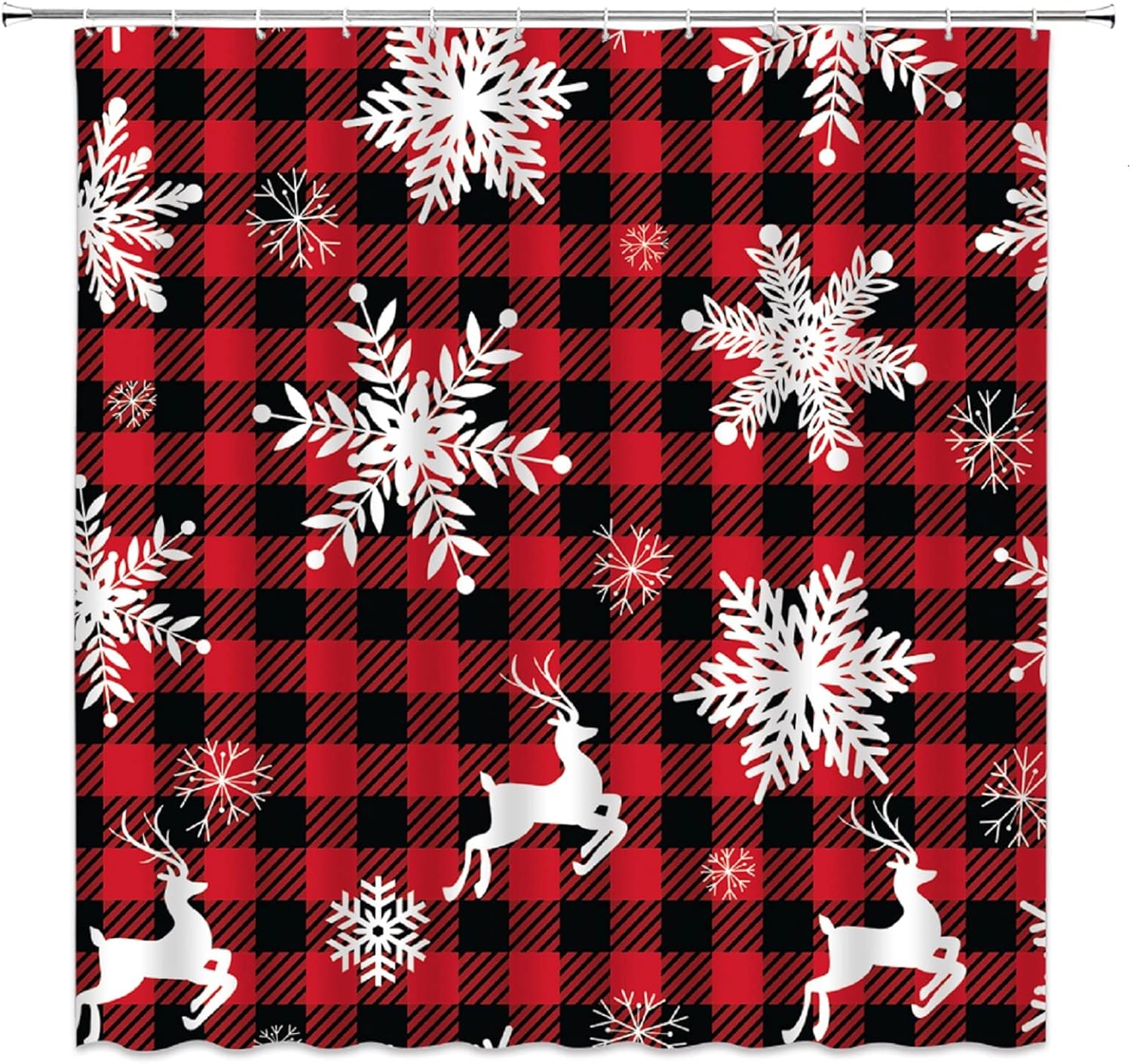 Christmas Deer Snowflake Plaid Extra Long Shower Curtain, White Xmas Reindeer Snow Red Black Rustic Buffalo Check Winter Holiday Farmhouse Bathroom Home Curtain Decor with Hooks,70" Wx78 H