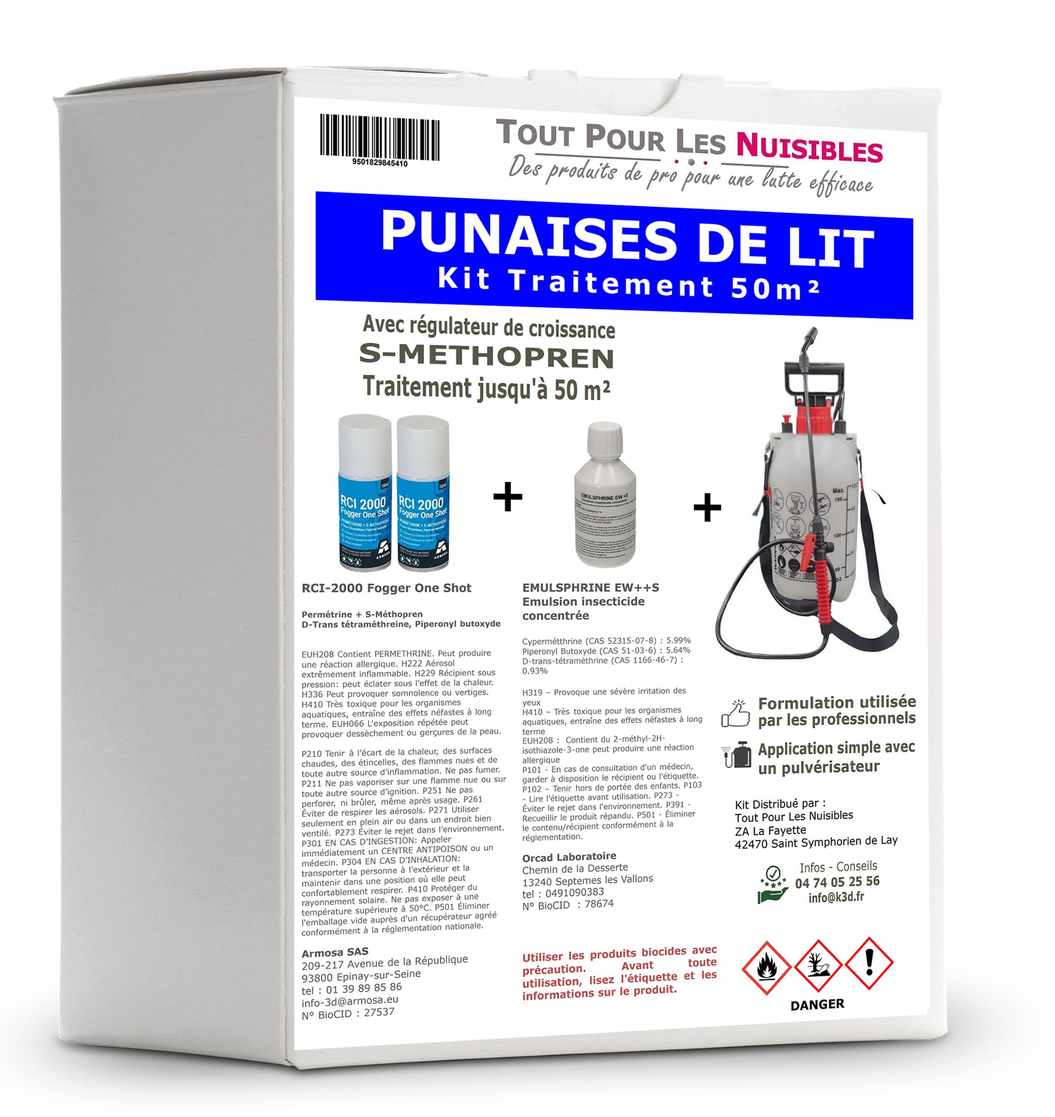 Kit traitement anti Punaises de lit pour 50 m² avec 1 Emulsphrine ew++s insecticide concentré avec régulateur de croissance S-Methoprene, 2 one-shot RCI 2000, 1 pulverisateur 5 litres