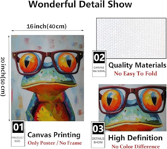 BACJUOPLDArt Frog Canvas Wall Art Funny Frog with Glasses Painting Funny Animals Pictures Animals with Glasses Prints Funny Colorful Pictures for Living Room 16x20inch No Frame