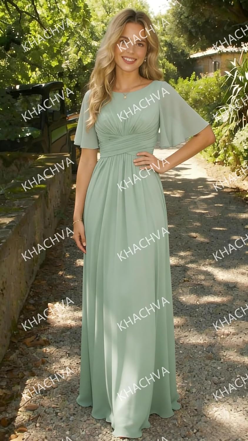 Flutter Sleeve Bridesmaid Dresses Long with Pocket 2026 Ruched A Line Formal Evening Dress KH044 - Image 2