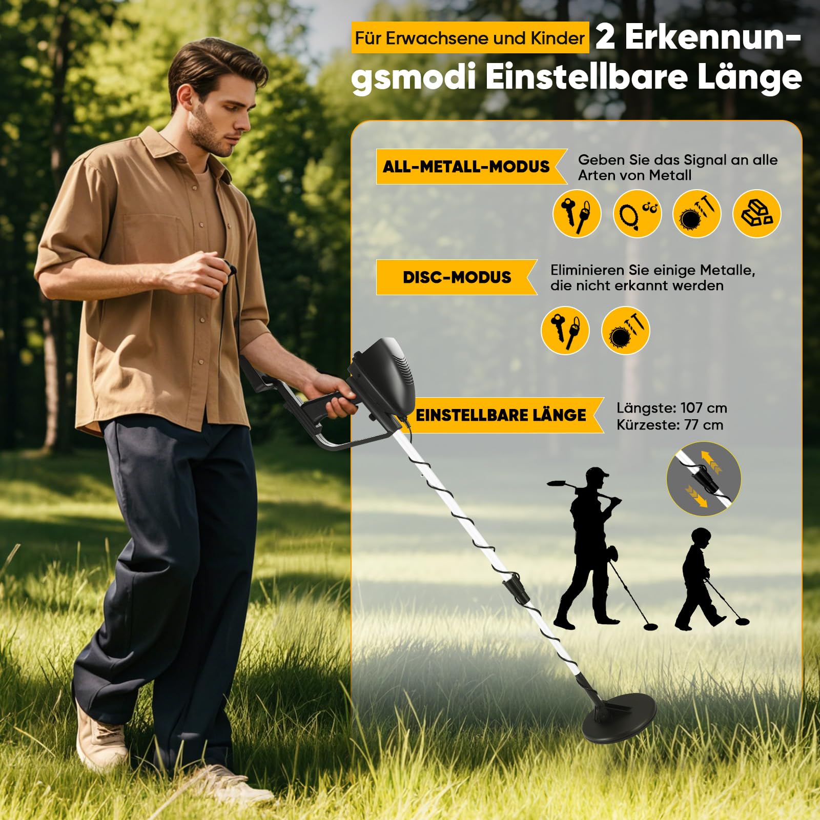 Rilevatore di metalli professionale leggero 930g, bobina impermeabile IP68 20cm, 2 modalità, lunghezza regolabile 76-107cm, per adulti bambini principianti, caccia al tesoro outdoor