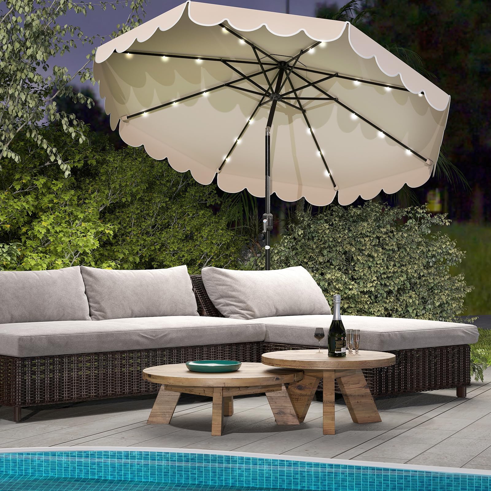 COSTWAY Ombrellone da Giardino 300 cm, con 24 Luci LED Solari, Inclinazione Regolabile, Manovella, 8 Stecche, Anti-UV, Top Ventilato, Idrorepellente, Giardino Piscina Patio (Beige)
