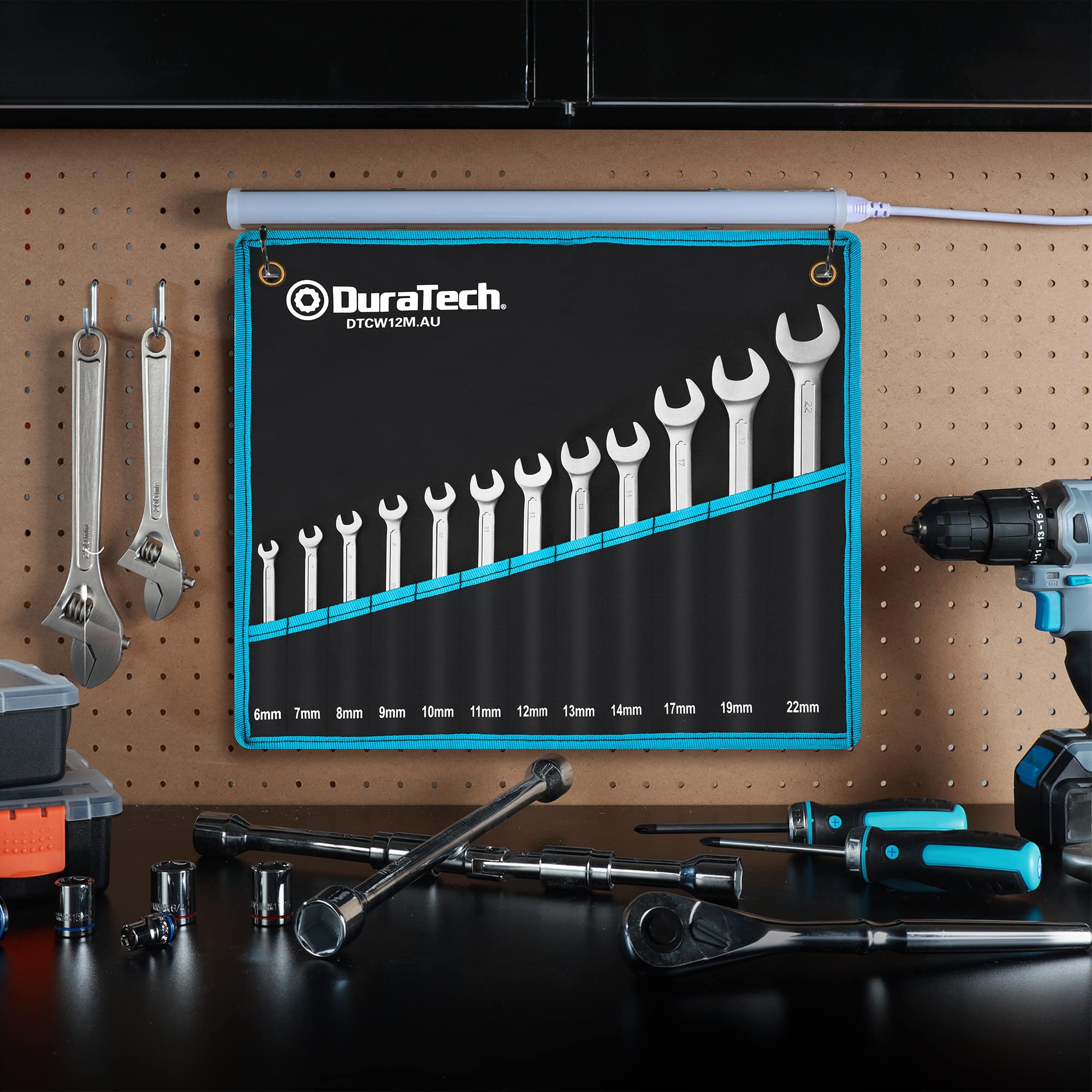 DURATECH Set di chiavi combinate, 12 pezzi, set di chiavi aperte, cromato opaco, acciaio al cromo vanadio, DIN 3113, metrica, 6-22 mm, 12 punti, con custodia