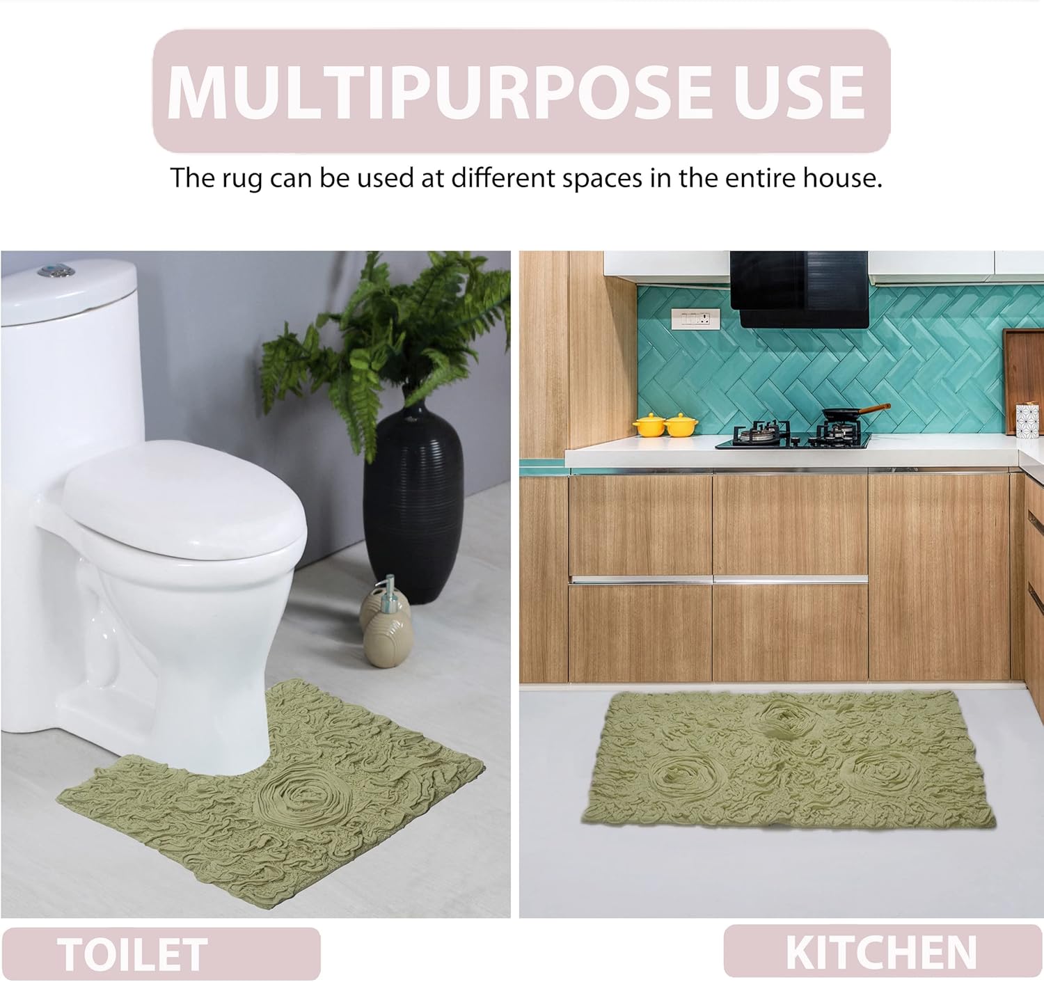 Home Weavers Bell Flower Collection 100% Cotton Tufted Bath Rugs, Extra Soft and Absorbent Bath Rugs, Non-Slip Bath Mats, Machine Washable, Bath Mats for Bathroom Floor, 2 Piece Set(S+M), Green