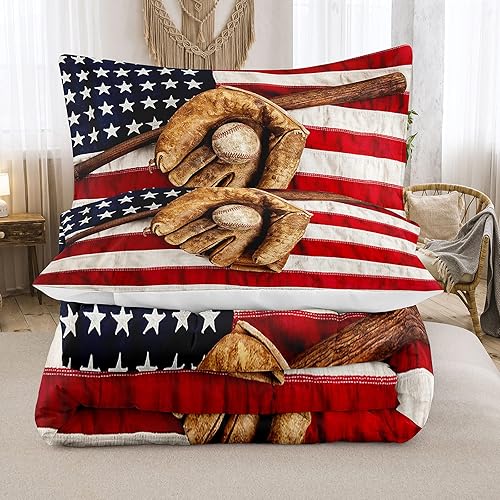 Miniatura 3 de Bodhi Juego de edredón deportivo tamaño matrimonial, juego de ropa de cama de béisbol para niños, juego de ropa de cama de bandera estadounidense,
