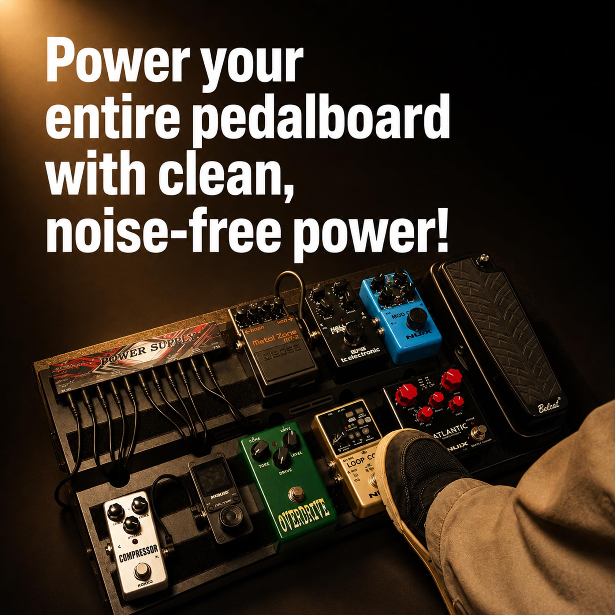 Rockhouse Alimentatore a pedale per chitarra, isolato, 9 V, 100 mA, 300 mA, 500 mA, uscita | Kit completo di alimentazione per effetti chitarra elettrica con cavo DC e adattatore per pedaliera Live Performance