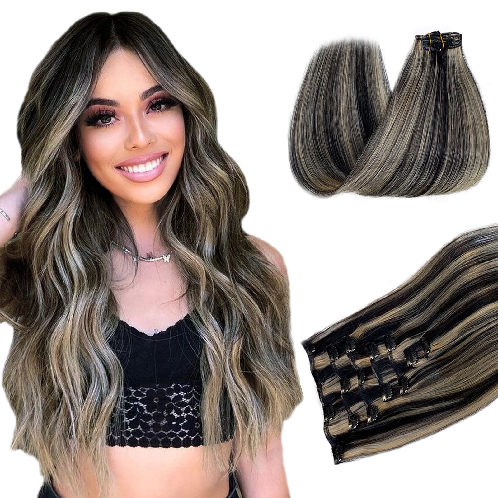 Belaved Clip in Hair Extensions Full Head 14 Inch 70g Natural Black Mix Blonde Highlights Clip in Hair Extensions Real Human Hair for Women 7pcs