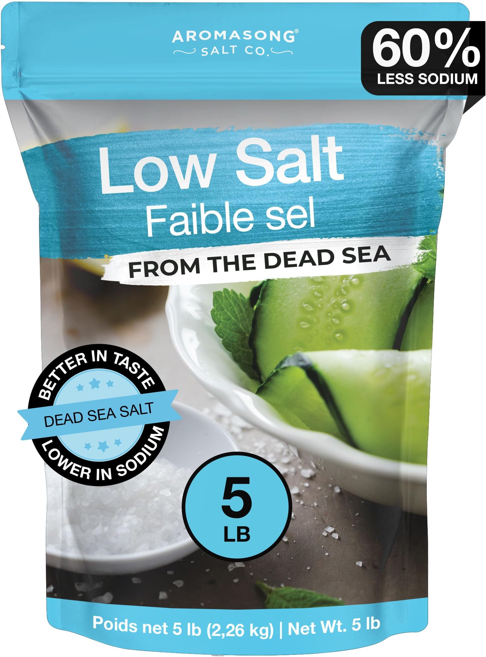 Low Sodium Sea Salt - 100% Natural - 60% Less Sodium - Bulk 5 Lb Bag - Fine Grain Dead Sea Potassium Chloride with Dead Sea Salt