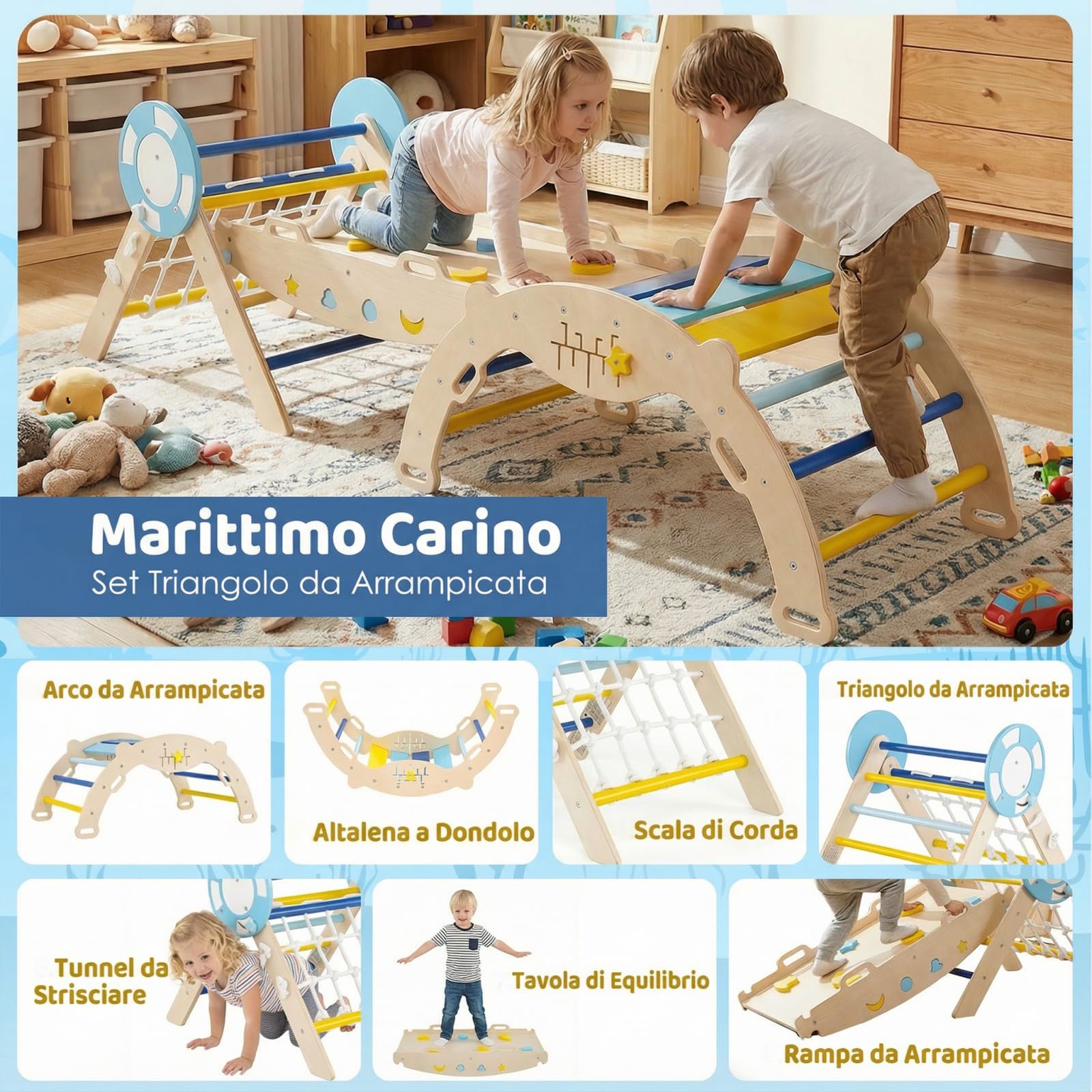 RELAX4LIFE Set da Arrampicata per Bambini, Triangolo di Arrampicata con Scivolo e Arco, Gioco di Incastri in Legno (Marinaio con Rete-3 Pezzi | Macaron)