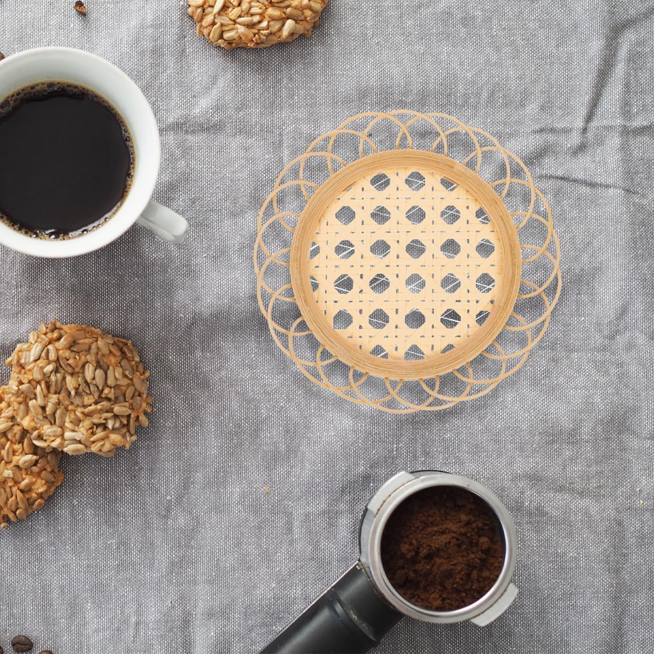 Unomor 2Pcs Bamboo Coasters Set Woven Natural Round Cup Mats 4.50 Inch Heat Insulated Tea Tray Coaster Pack for Coffee Table Boho Home Decor Khaki