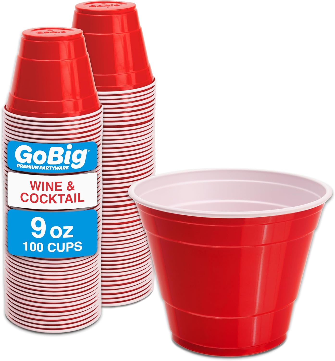 GoBig 9 oz Plastic Party Cups for Wine & Cocktails - 50, 100, or 200 Count Disposable Plastic Cups for Alcohol