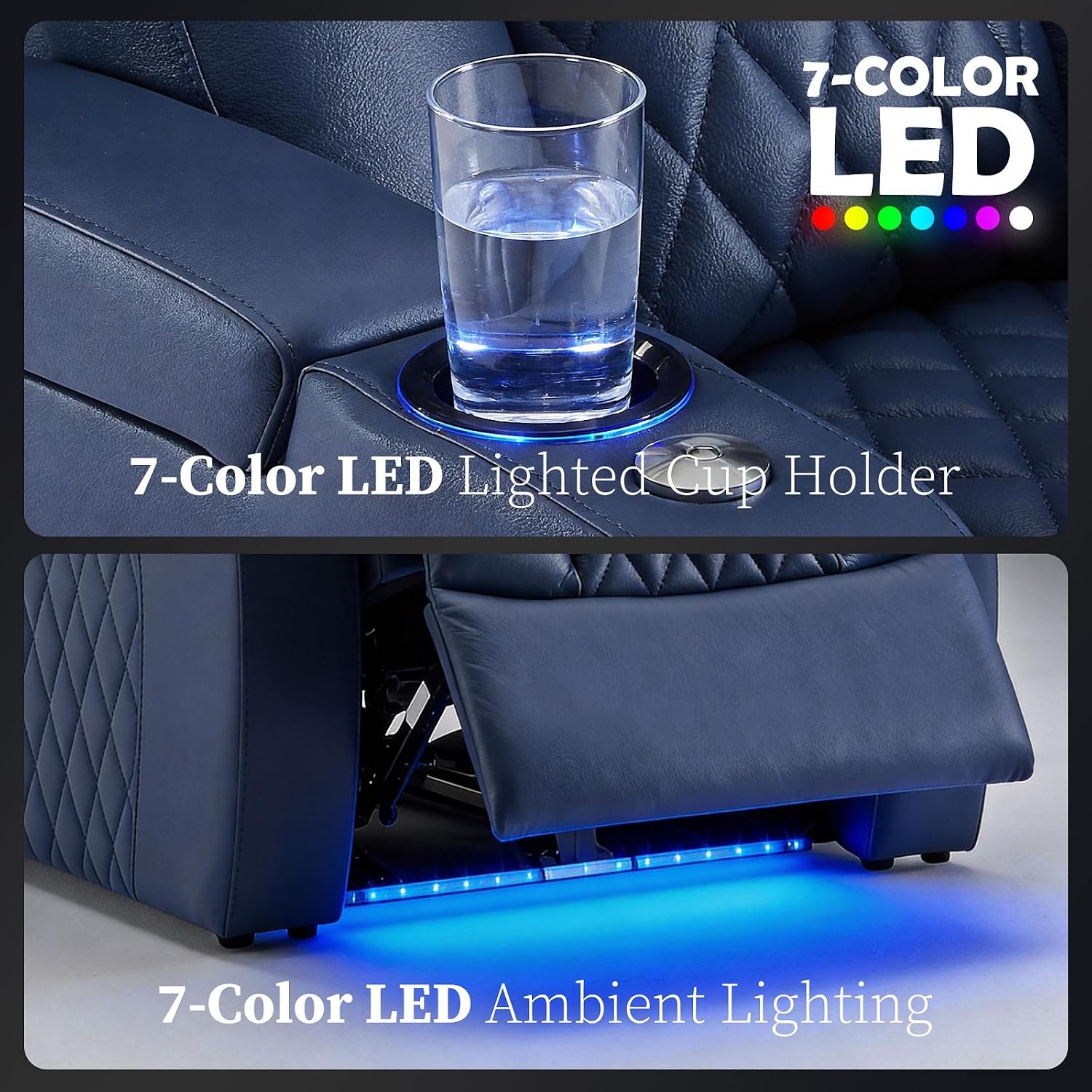 PBRO Home Theater Seating Genuine Leather Recliner Chair, Power Reclining & Headrest, USB A/C Charging Ports, Tray Table, Cup Holder Ambient Lighting Blue Row of 3 Loveseat Left