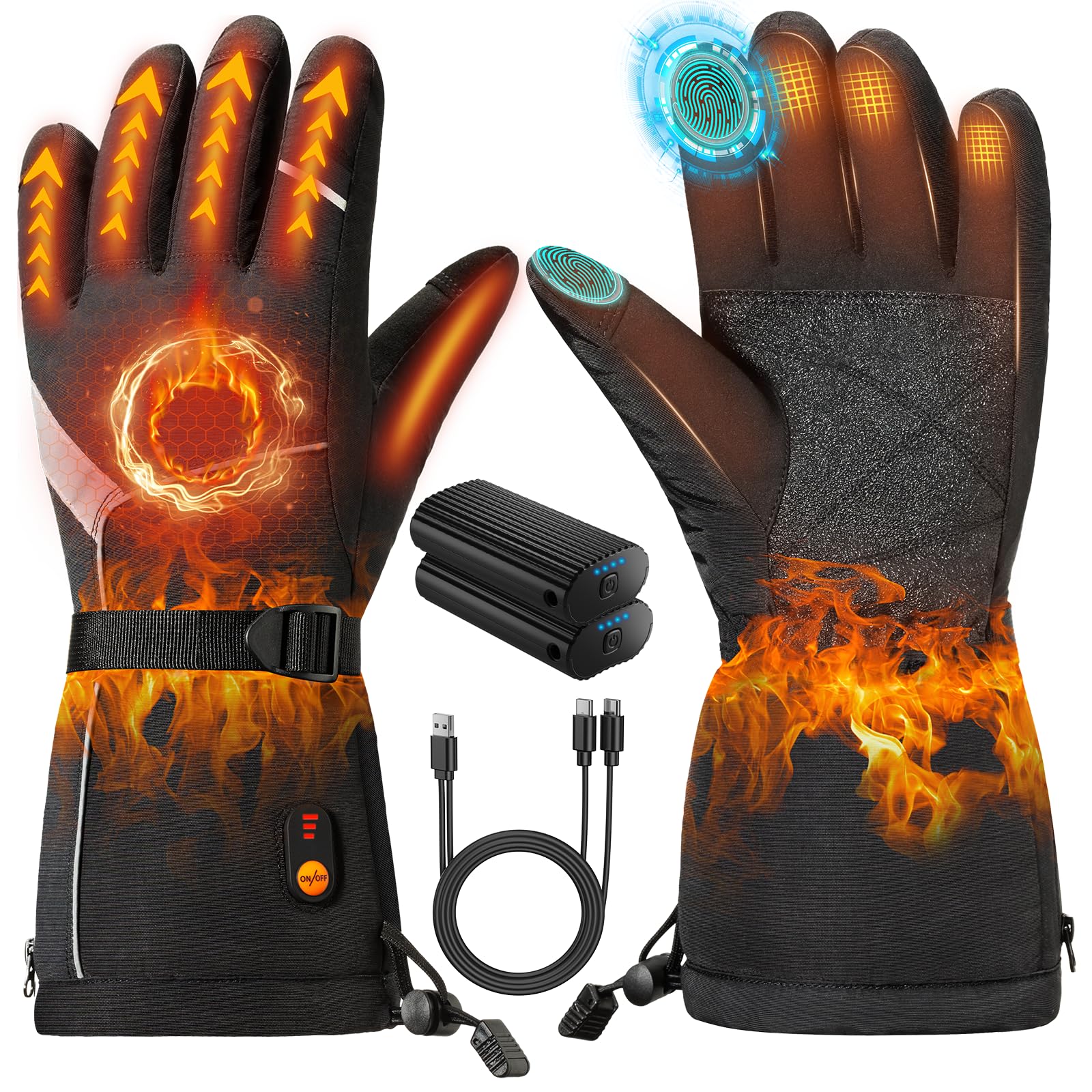 Gants Chauffants pour Homme Femme,Gants Chauffants avec 7.4V 3000mAh*2 Rechargeables Batterie, Gants Tactile Imperméable d'hiver USB Électriques pour Ski, Randonnée, Noir, L