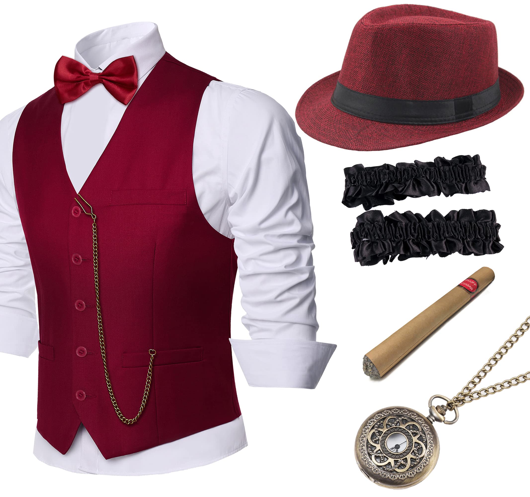 BABEYOND 1920s Mens Gatsby Gangster Vest Armbands 20s Gatsby Costume Accessories Set Large Winered