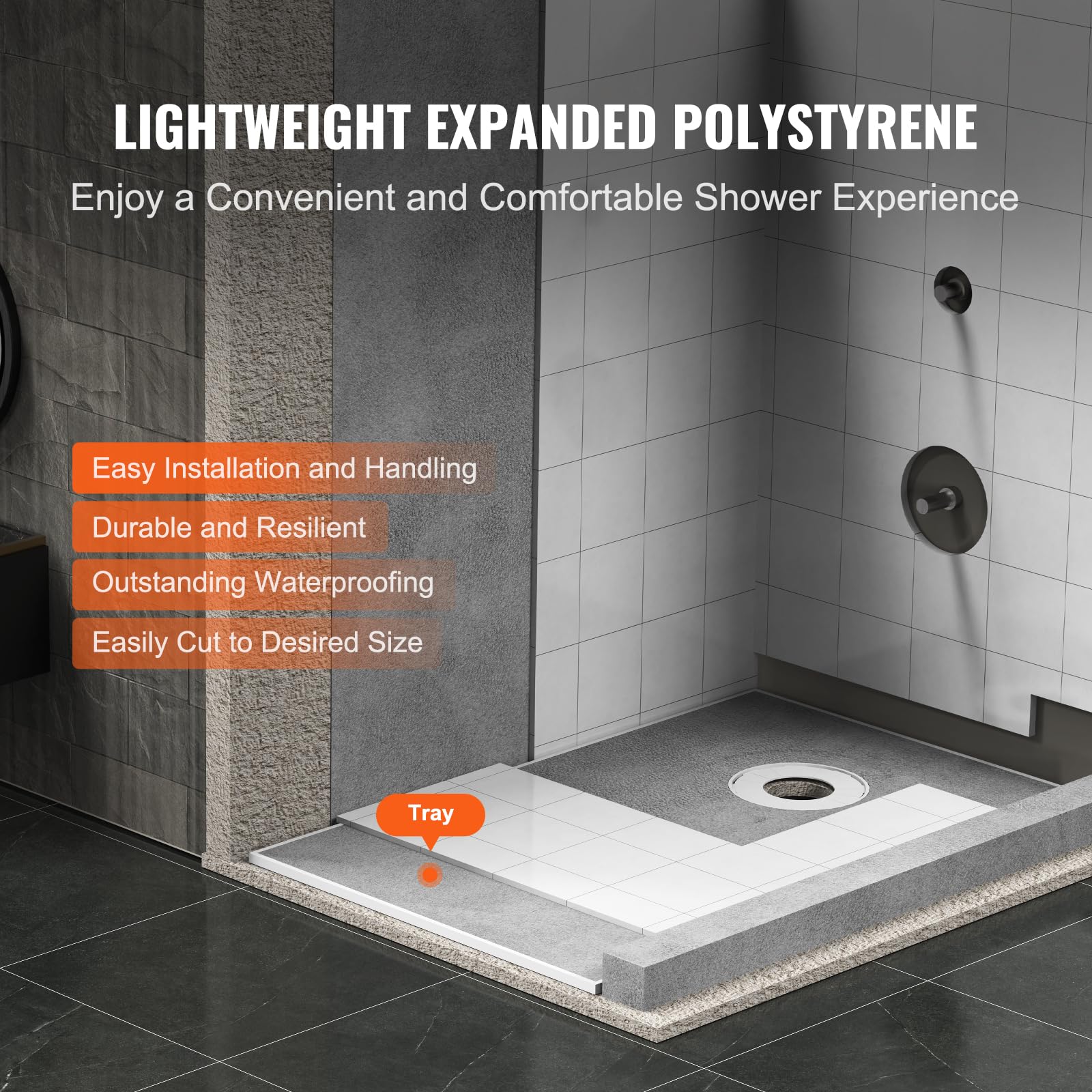 VEVOR Zestaw krawężnika prysznicowego, zestaw patelni prysznicowej 1524 x 965 mm z odpływem przesuniętym 160 mm, lekkie zestawy instalacyjne EPS z 2 wodoodpornymi ściereczkami, drążki do wanny