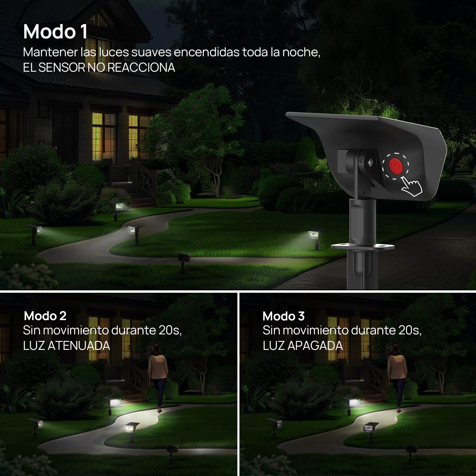 Linkind 2 en 1 Luz Solar con Sensor de Movimiento,3000K & 6500K,60-LEDs Lampara Solar Exterior Para Jardín con indicador de carga, Impermeable IP67,6 Piezas