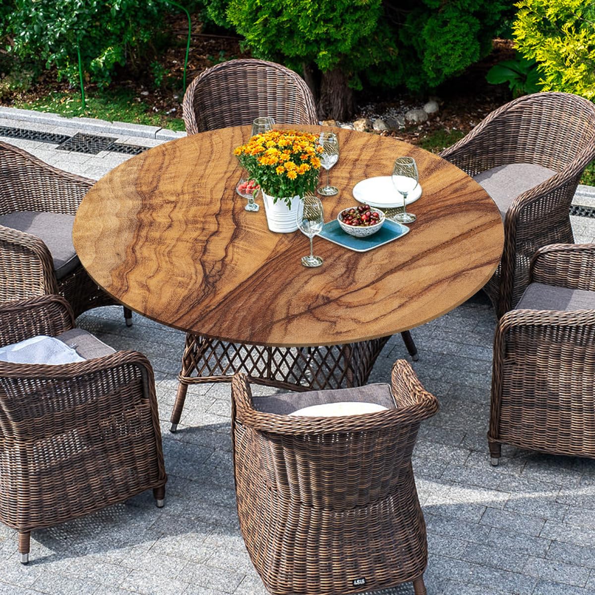 Odot Mantel Antimanchas Redondo 130 cm, 3D Mantel Mesa Redonda Impermeable Ajustable con Elásticos Bordes, Lavable Manteles para Comedor Exterior Jardín