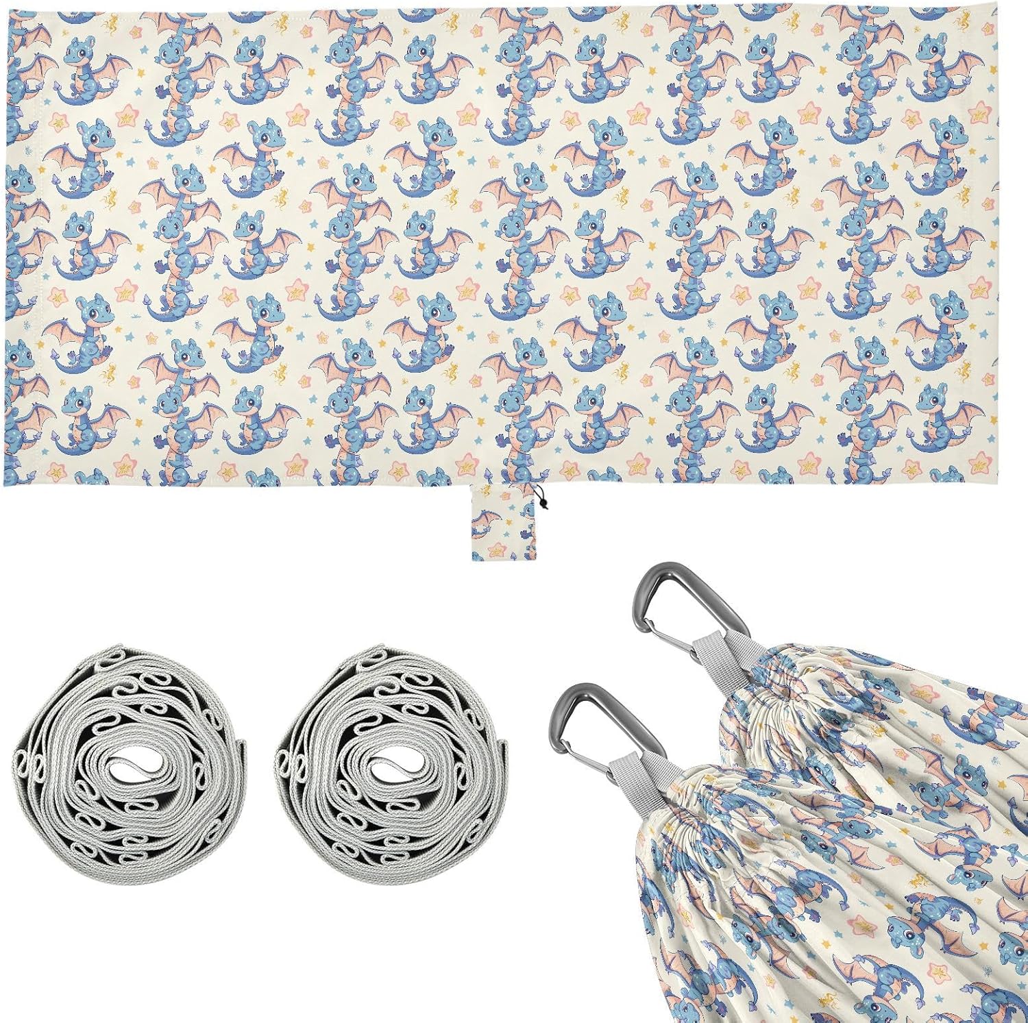 ALAZA Cute Dragon Stars Cartoon Camping Hammocks Single or 2 Person 500 lbs Portable Parachute Travel Hammock w/Tree Straps for Hiking Backpacking Indoor Outdoor