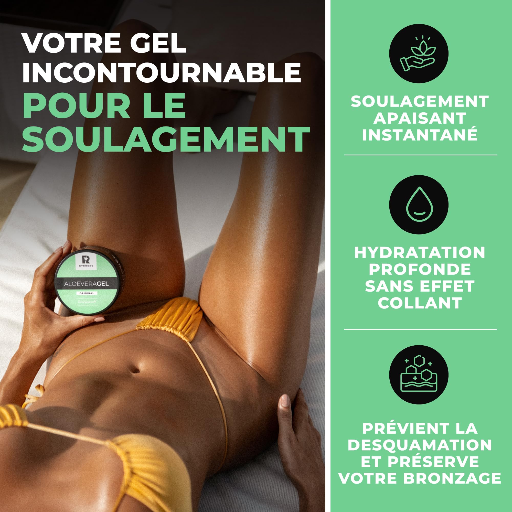 BYROKKO Gel d'aloe vera (215 ml) - Gel après-bronzage rafraîchissant à absorption rapide - Hydrate intensément, régénère et prévient l'exfoliation - Soin naturel après soleil