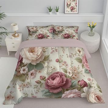 King Comforter Set Roses and Peonies Soft Easy-Wash Bedding Set Retro Country Style Lightweight Quilted Comforter with Pillow Shams for All Season 104 x 90in, Pink