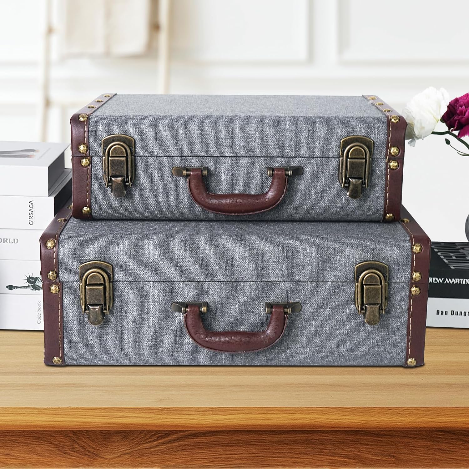 DreamsEden Set di 2 valigie moderne in legno con superficie in tessuto, cassapanca decorativa in legno con maniglia