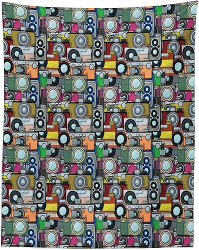 Miniatura 4 de Lunarable Tapiz retro tamaño King, patrón de cámara retro grunge, ilustración de estilo de dibujos animados, diseño de tecnología vintage, colcha