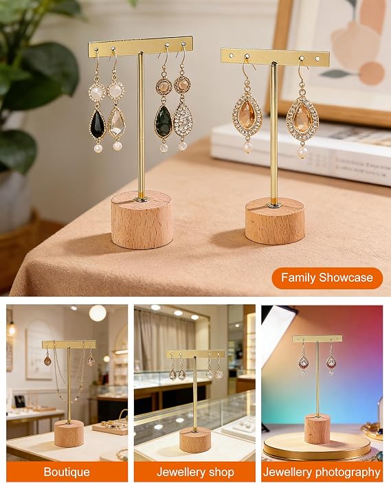 3 Pcs Earring Stand Holder T Bar Earrings Display Stands with Wooden Base Single small Jewelry Earring Organizer for Online Store Photography or Necklaces Bracelet Show, 3 Size