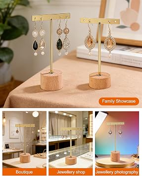 3 Pcs Earring Stand Holder T Bar Earrings Display Stands with Wooden Base Single small Jewelry Earring Organizer for Online Store Photography or Necklaces Bracelet Show, 3 Size