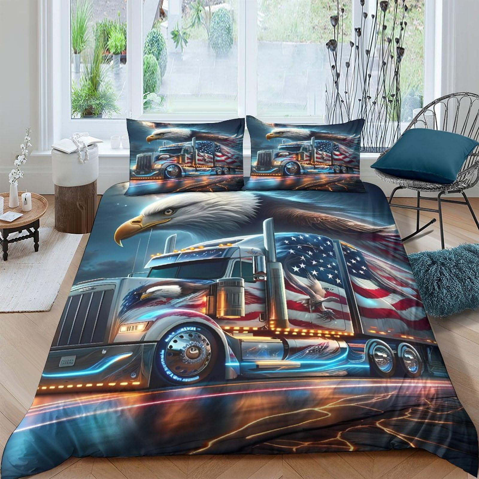 Ctjqhvkz Style-1 3D Printed American Truck Fitted Sheet Microfiber Soft Eagle Flag Bed Cover For Bedroom Guest Room Decor Single（135X200cm）