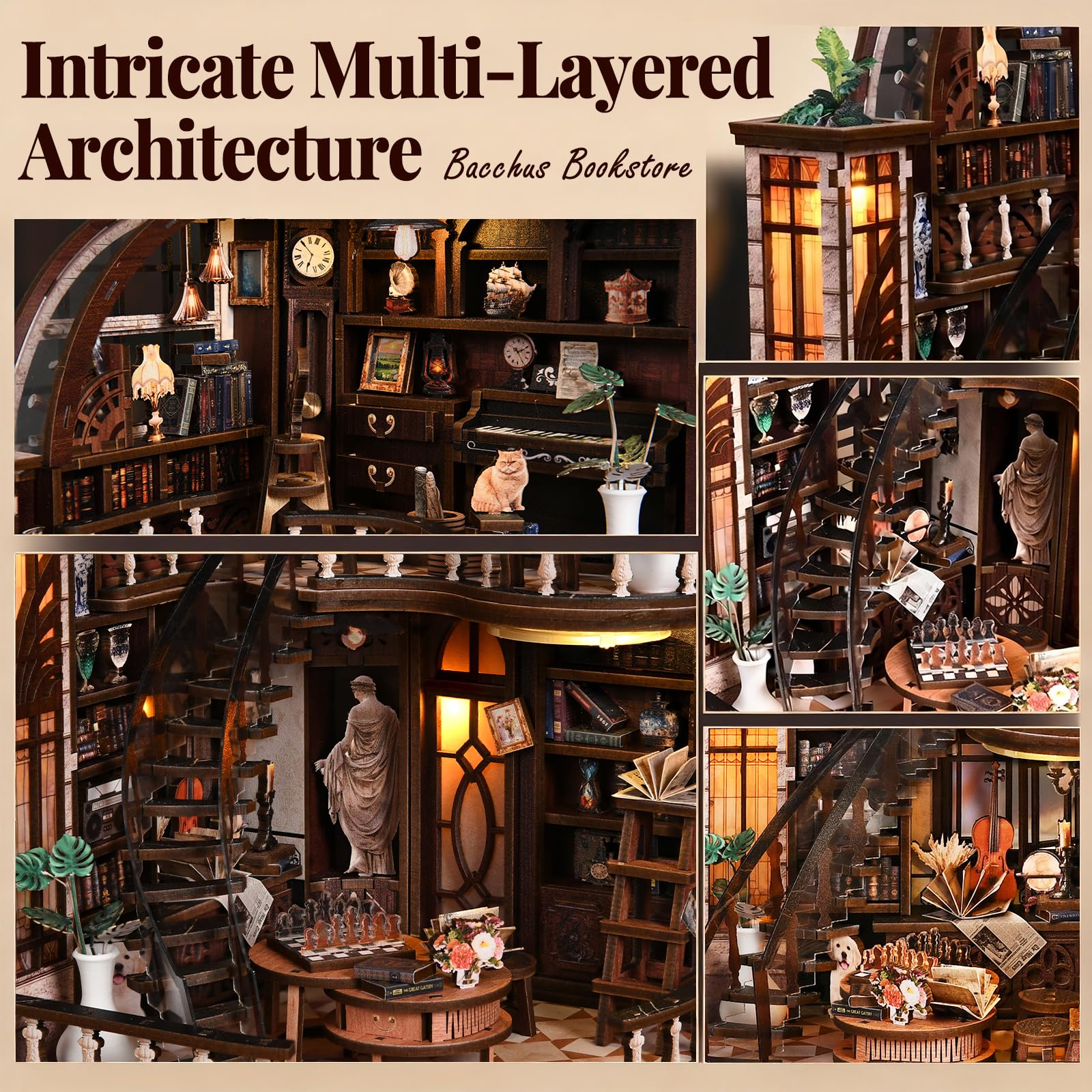 Book Nook Kit for Adults Booknook DIY Miniature House Kit Library Decor Fantasy 3D Puzzle (Bacchus Bookstore)
