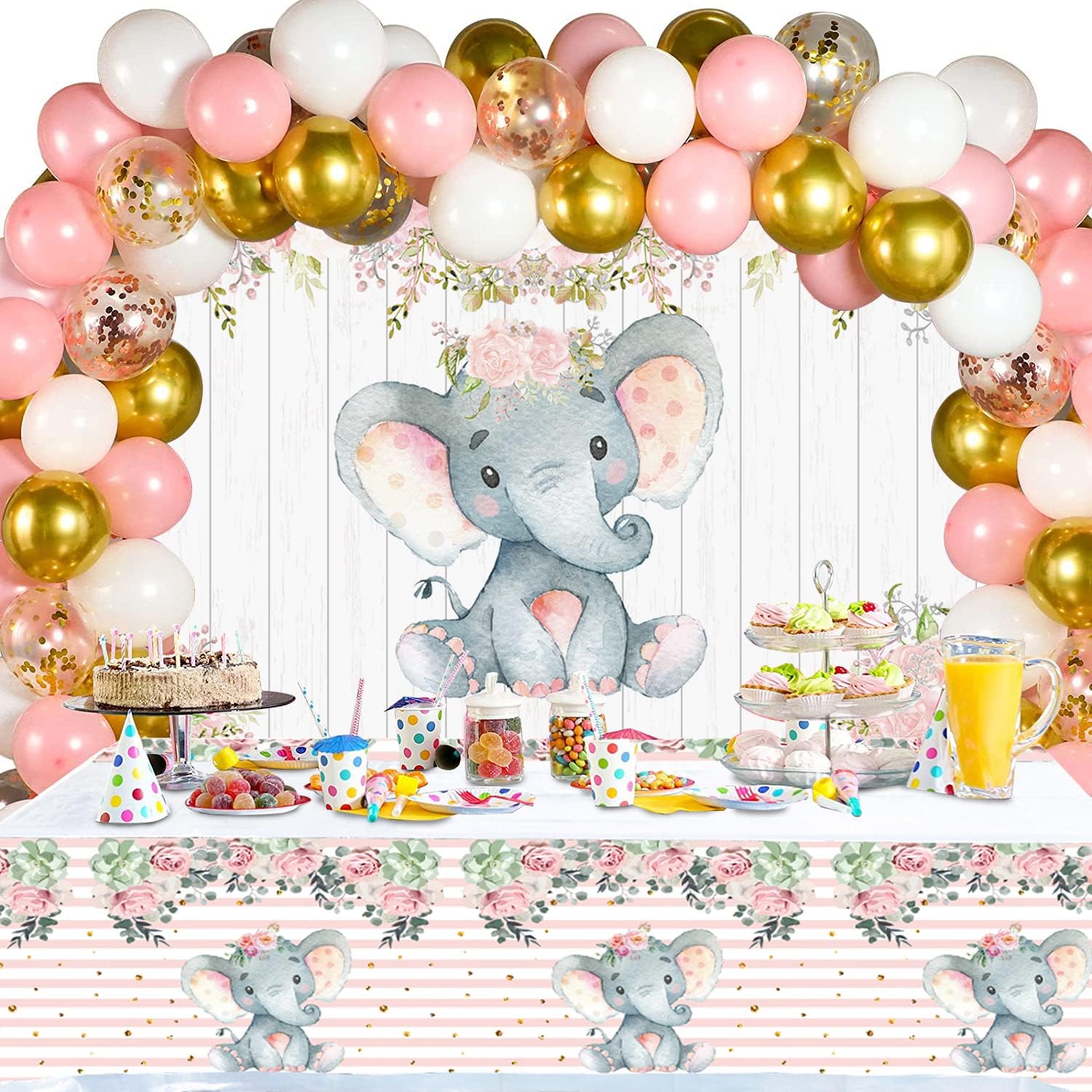 Pink Watercolor Elephant Baby Shower Party Supplies,Pink Elephant Flowers Party Backdrop Elephant Theme Tablecloth 2pcs,Covers for Boy Girl Gender Reveal Birthday Party Decorations (6x4FT)