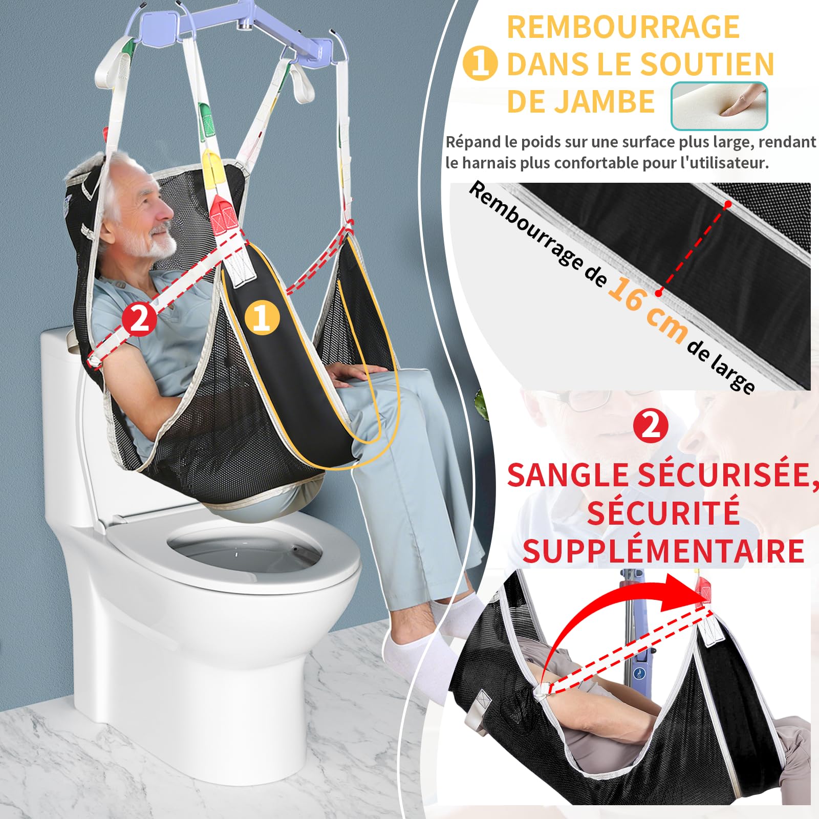 EZ Assistive Patient Lift Sling avec Ouverture pour Toilette,Sangles de Levage pour Transfert,Sangles pour Corps Entier pour Personnes Âgées, Personnes Handicapées, Soins Infirmiers (Noir, Taille S)