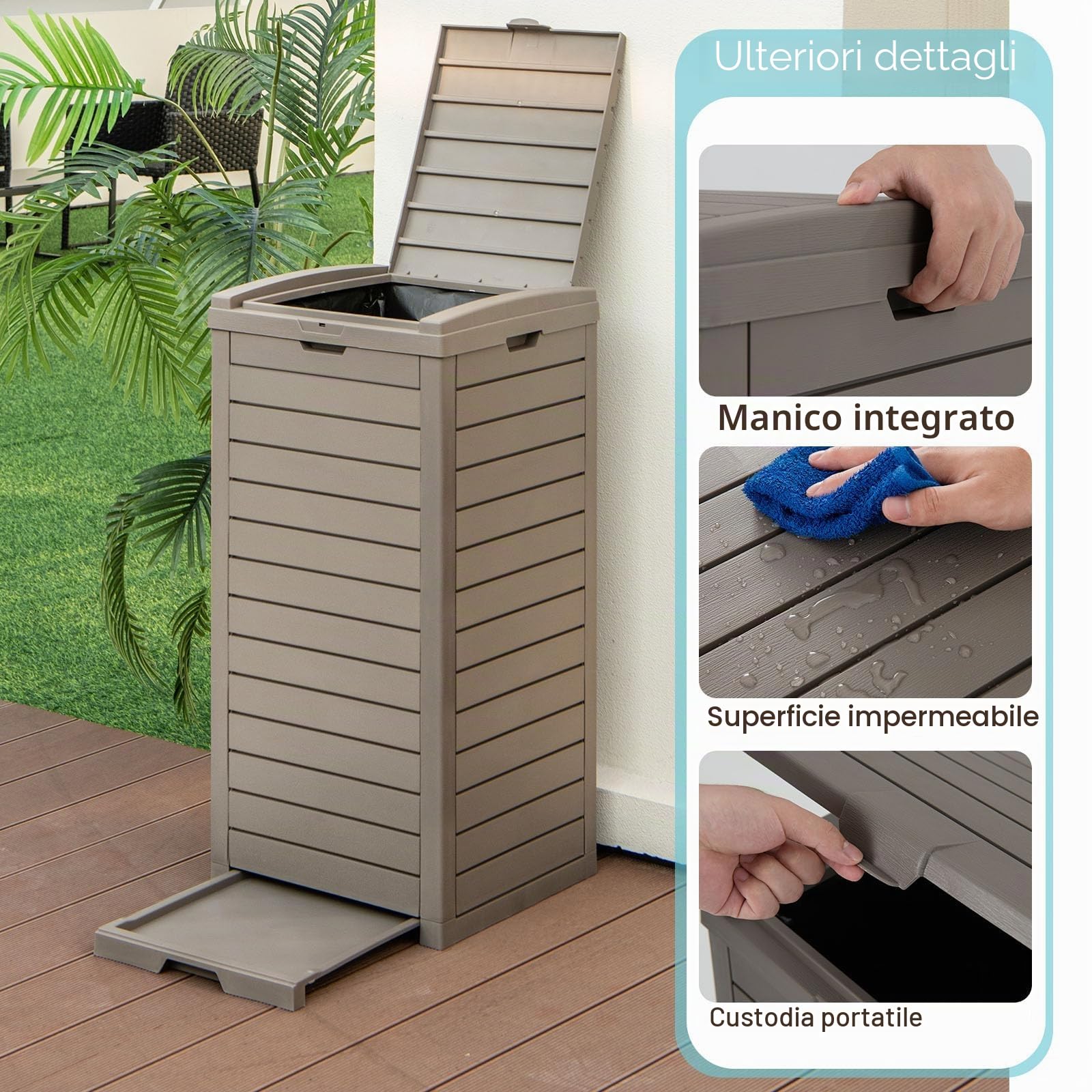 LIFEZEAL 2 Pattumiere Differenziata Esterno 118 L, Bidoni Giardino, Resistente alle Intemperie, in Resina, con Coperchio, Maniglia, Cestino Raccolta Spazzatura, Secchio Rifiuti, 40x40x86 cm, Marrone