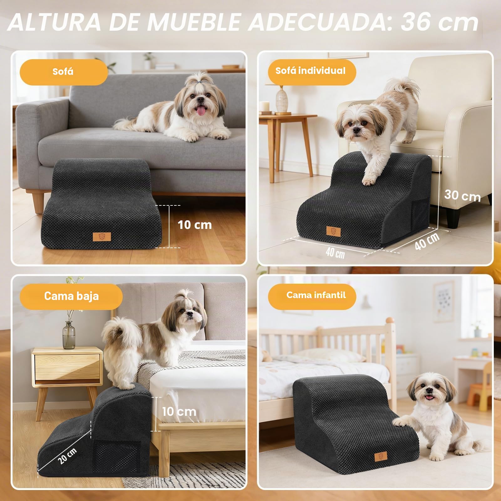 Zvonema Escaleras para Perros de 2 Peldaños, Escalera para Mascotas de Esponja, Rampa para Perros de Esponja para Sofá Cama, Superficie Antideslizante, Lavable, Desmontable