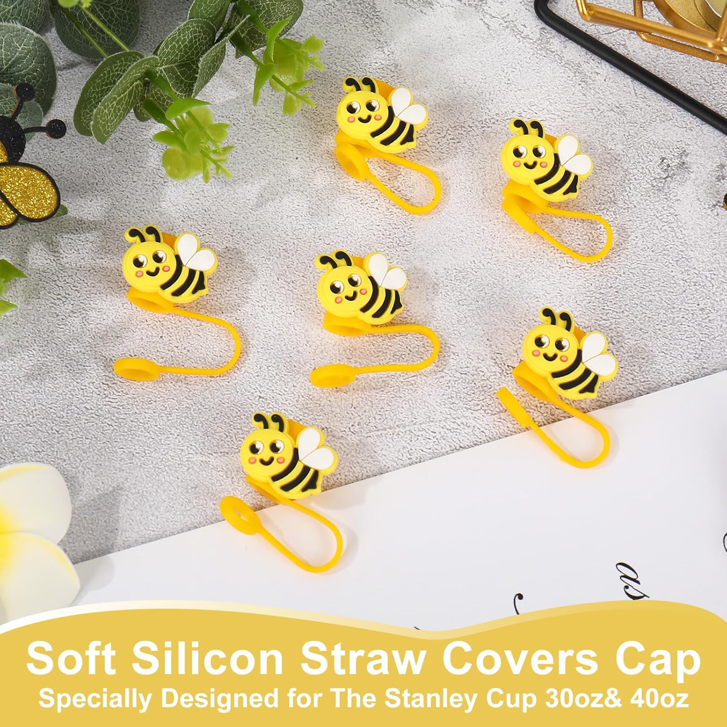 Whaline 6Pcs Honey Bee Straw Cover Cap Cute Cartoon Bumble Reusable Silicone Straw Topper Summer 10Mm/0.4Inch Straws Tip Lid Protector for 30/40 Oz Tumbler Cup Accessories - Image 3