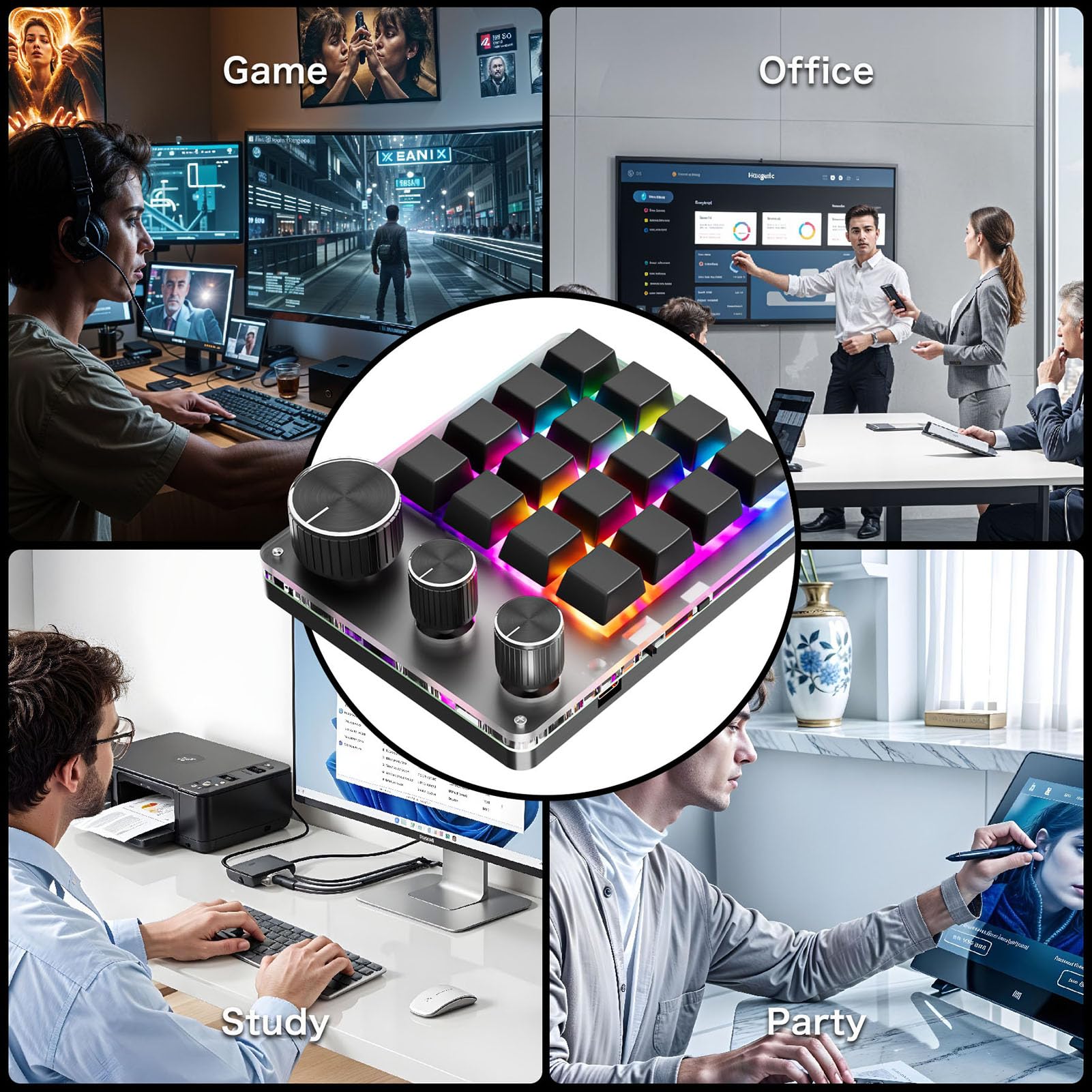 Tosuny Tastiera Macro Programmabile, Tastiera da Gioco Bluetooth a 16 Tasti con 3 Manopole e Controller del Volume, Macro OSU Retroilluminata a LED RGB per Wins, OS X (con (BLACK)