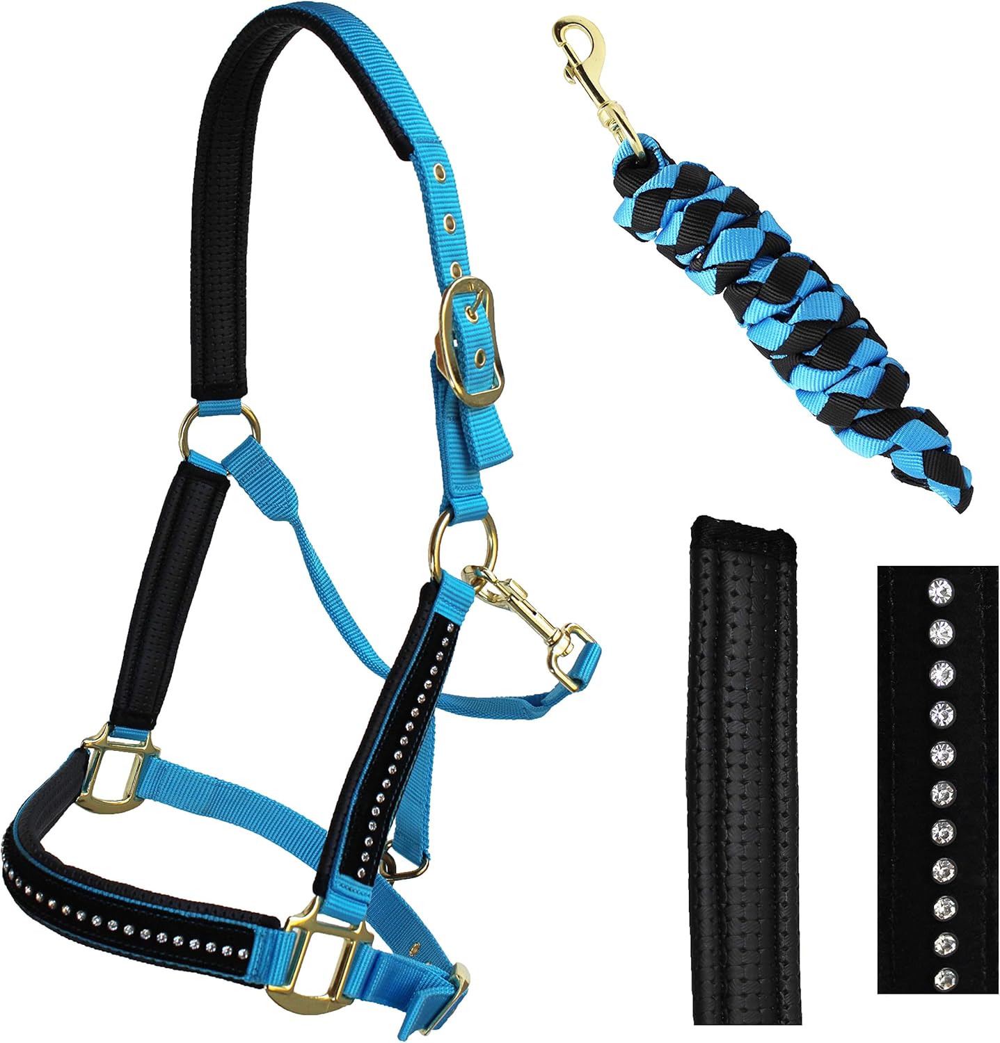 CHALLENGER Nylon Horse Neoprene Padded Blue Nylon Halter Brass Hardware w/Rhinestones 606172SB
