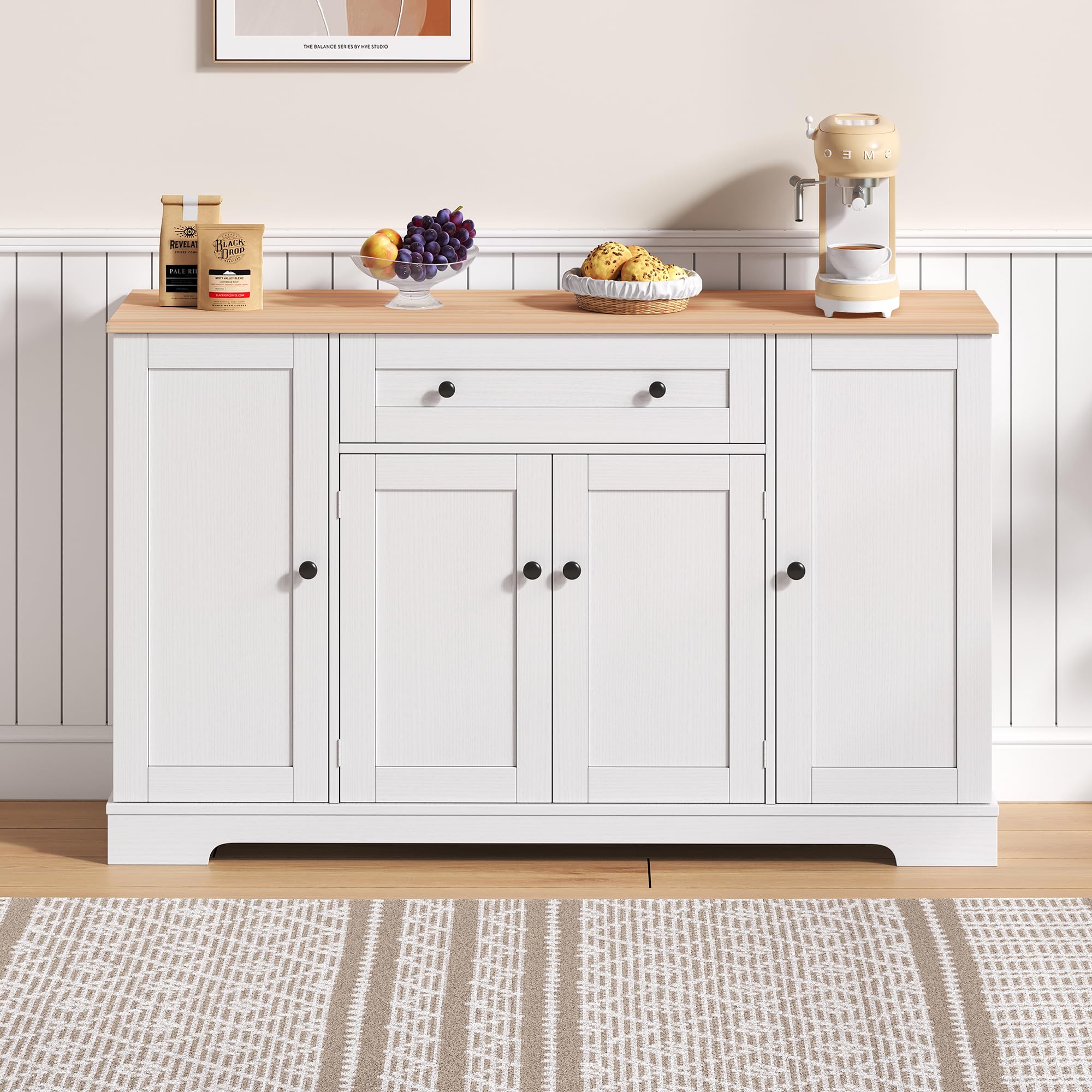 Jaxenor Kitchen Sideboard with 4 Doors, Storage Cabinet with Drawer, Tip-Over Protection and Adjustable Shelve, Storage Sideboard for Living Room, Kitchen, Bedroom, Natural+White(138x40x85cm)