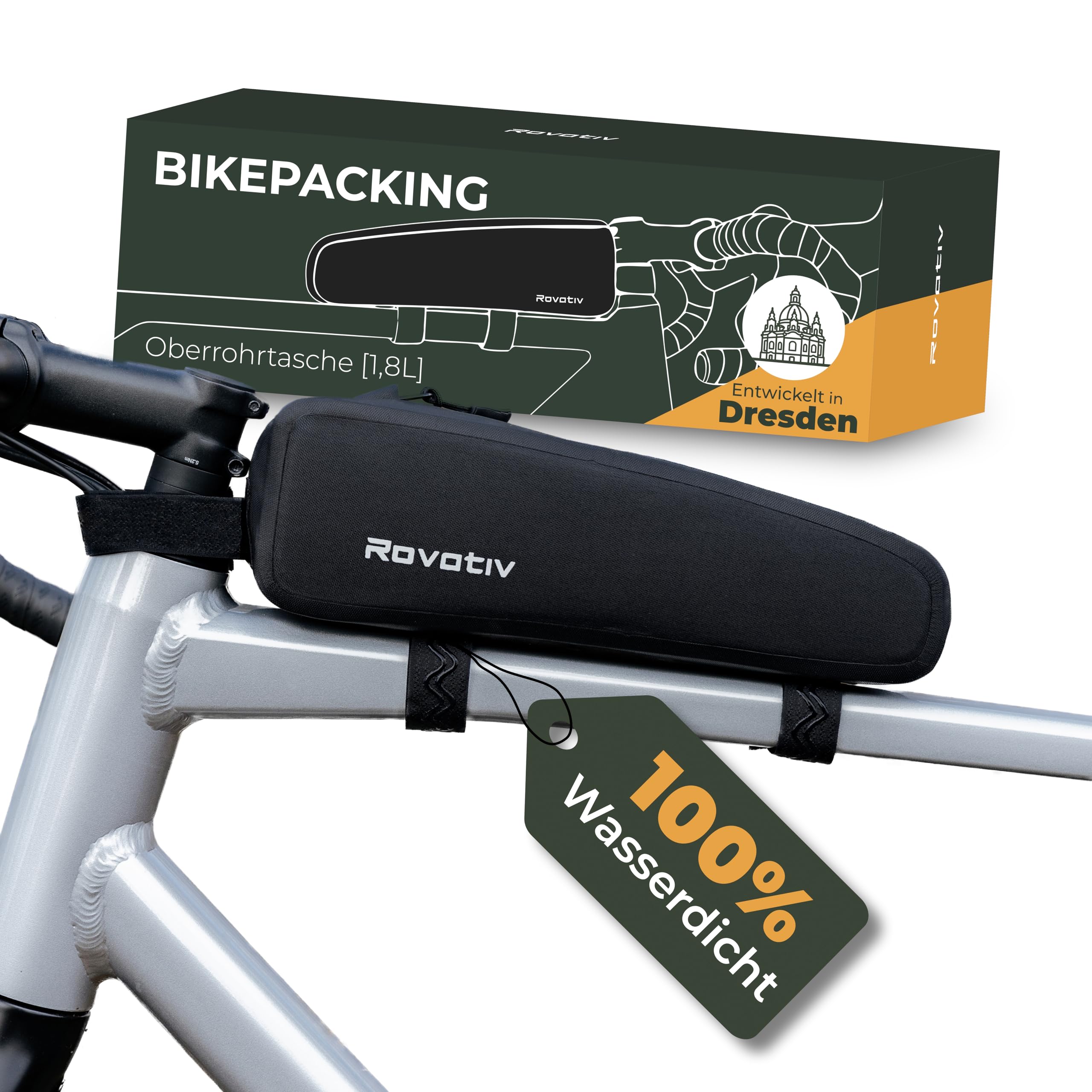 Rovativ® Bikepacking Oberrohrtasche [1,8 Liter] 100% Wasserdicht - Top Tube Bag - extra Fester Halt - Neuer Reißverschluss - für Gravelbike, Rennrad, MTB