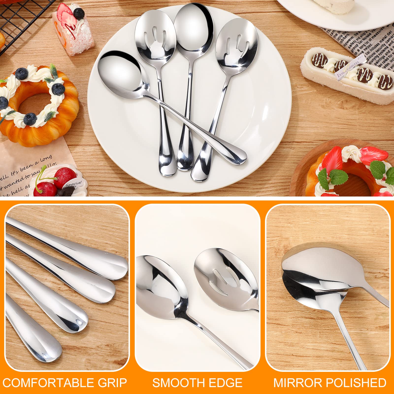 Wilzing 24 Pieces 8.5 Inch Serving Spoons Set Including 12 Serving Spoon and 12 Slotted Spoons Stainless Steel Buffet Serving Utensils for Kitchen Cooking Banquet, Mirror Polished, Silver