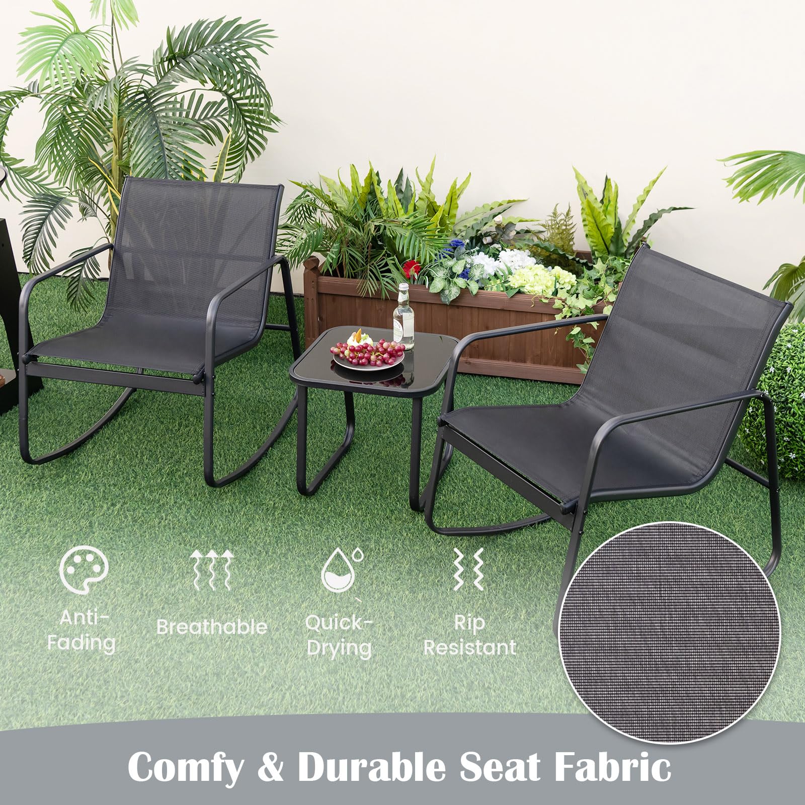 KOMFOTTEU Set da Bistrò in Tessuto Textilene, Set da Giardino in 3 Pezzi, Tavolo Portato 50 kg, 2 Sedie a Dondolo Portate 150 kg, Set Tavolo e Sedie da Esterno, Nero (Nero)