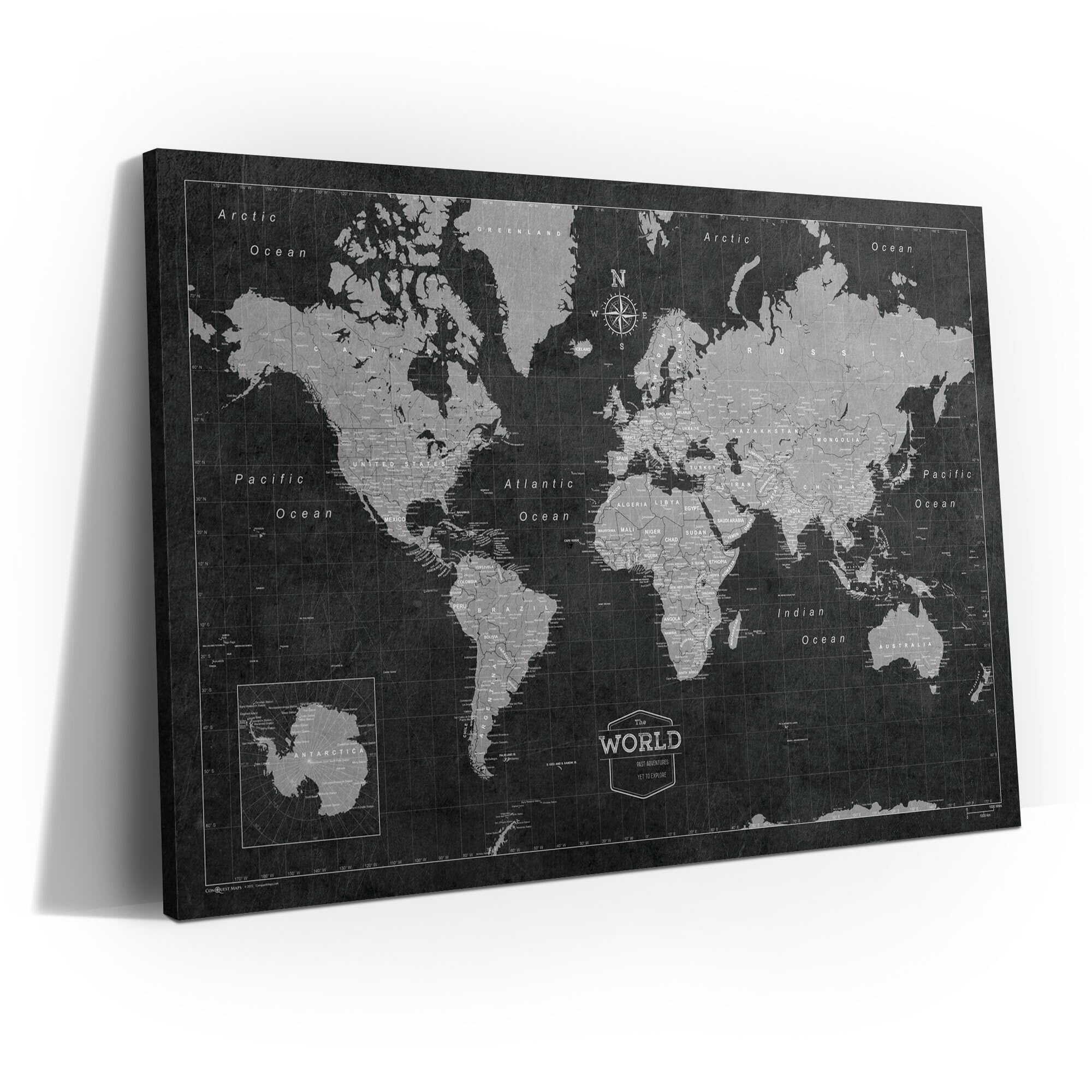 Conquest Maps World Travel Map with Pins Modern Slate Style Push Pin Travel Map Cork Board, Track Your Travels w/a Handmade Unique Canvas Pinable Map (36