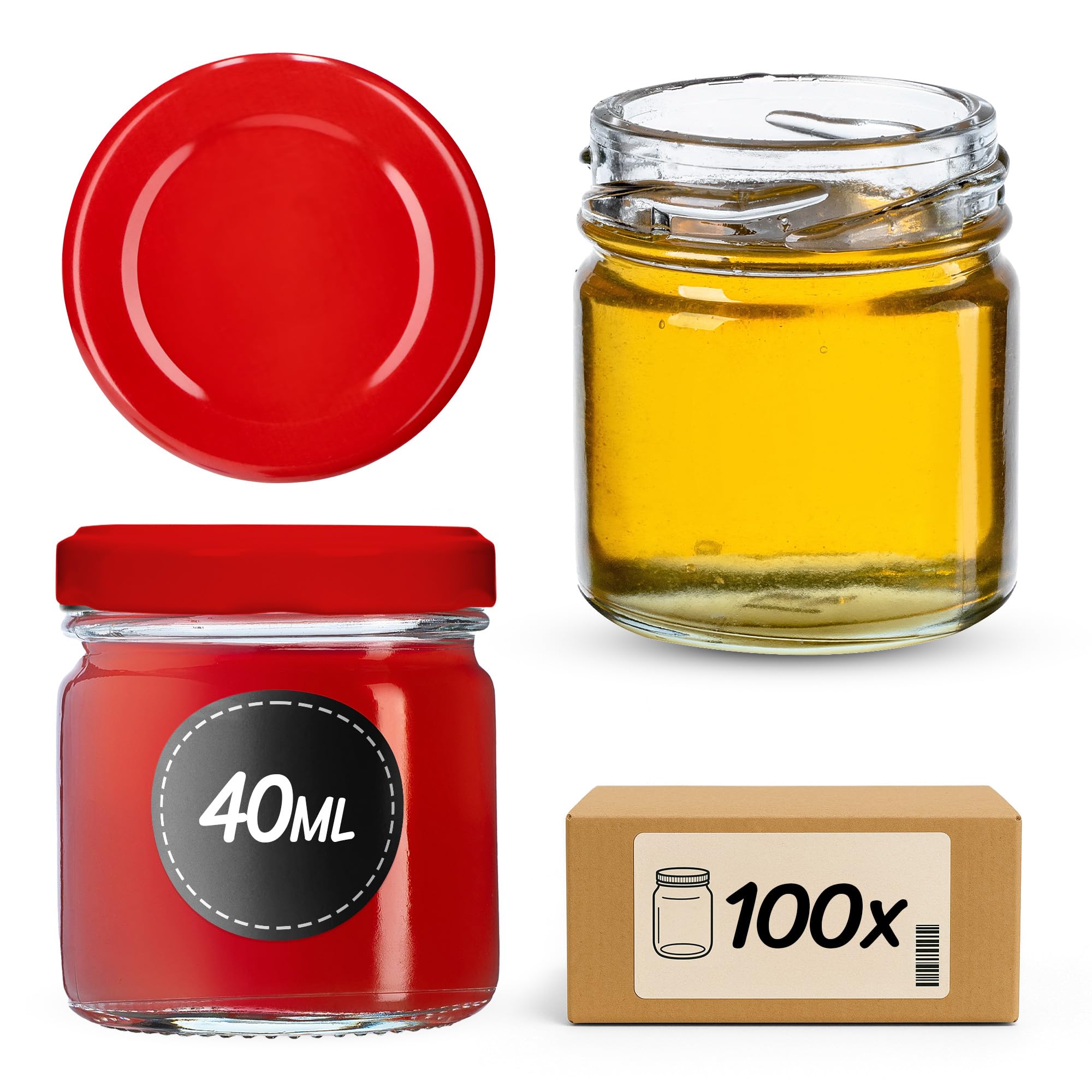 KADAX Lot de 100 mini bocaux en verre 40ml Ø43 – Couvercle Twist-Off hermétique TO43 – Pour épices, miel, conserves & pots cadeaux