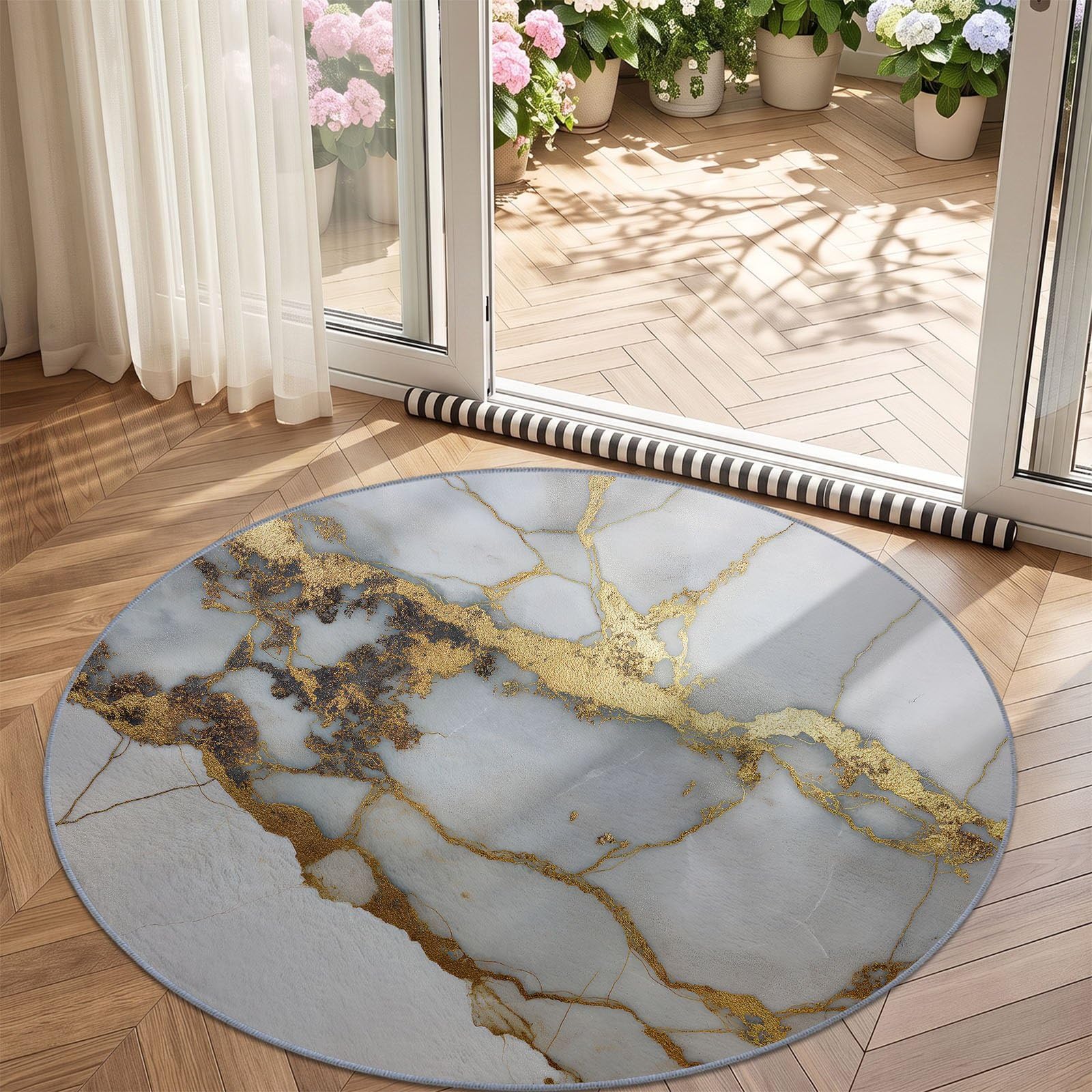 Tappeto rotondo moderno e lussuoso, lavabile, 160 cm, in finta lana effetto marmo, antiscivolo, bianco, per soggiorno, camera da letto, lavanderia, decorazione