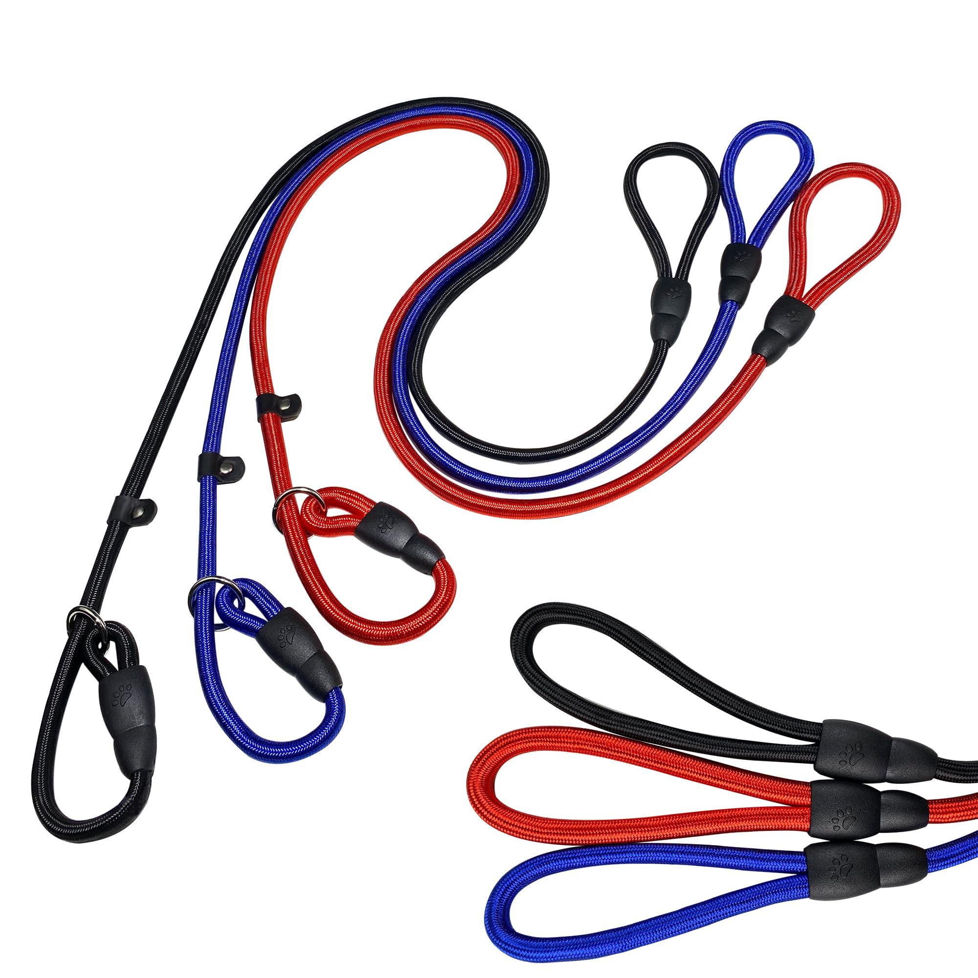 FOVRLZSE Upgraded Dog Slip Lead (3-Pack) – Adjustable Nylon Lead (Red/Black/Blue) for Training Aid, Eco-Friendly Cotton Lining, Integrated Plastic Buckle