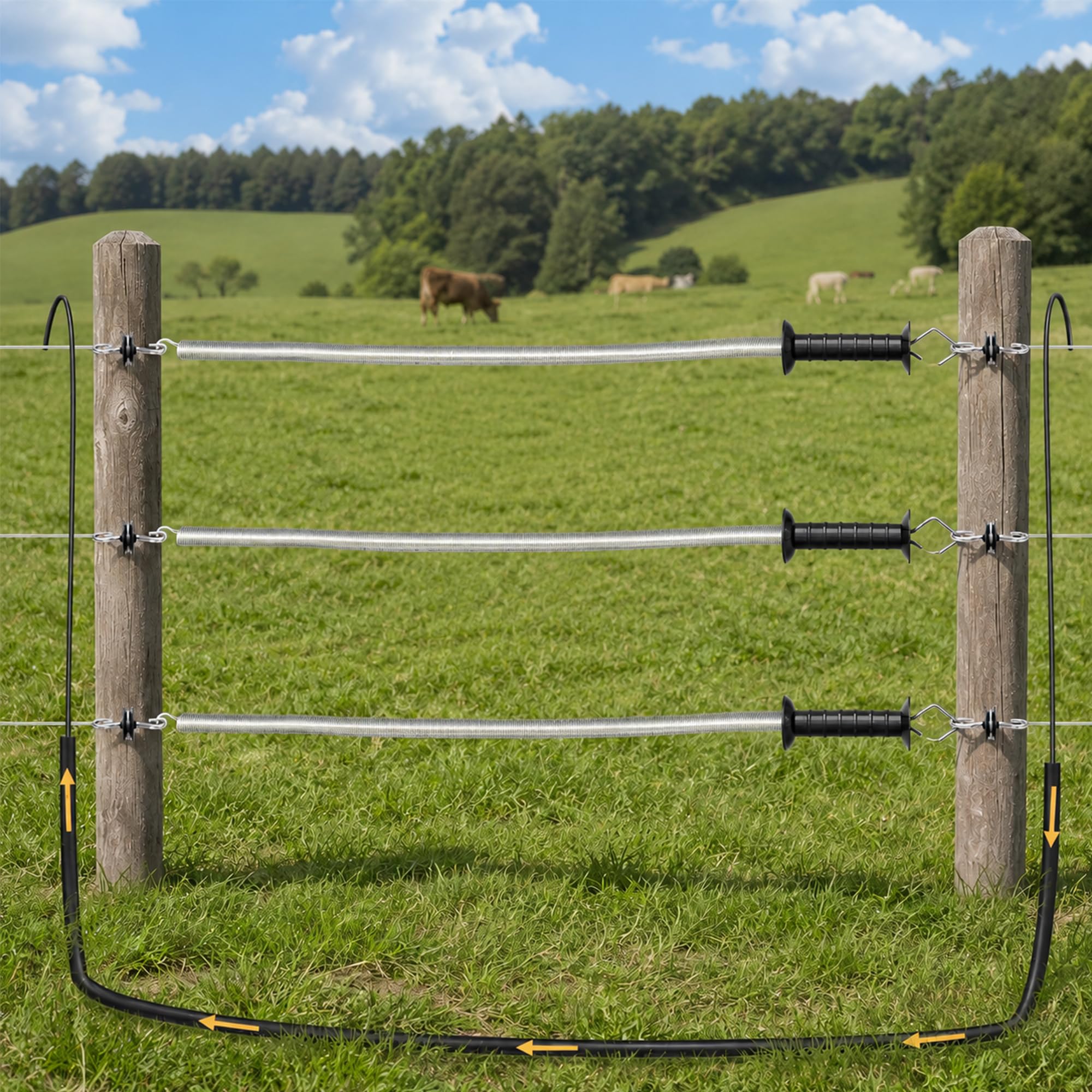 Lot de 2 poignées de portail de clôture électrique avec ressort de serrage de 5 m, avec isolateurs de poignée de portail et connecteur, convient pour clôture de pâturage et clôture de jardin