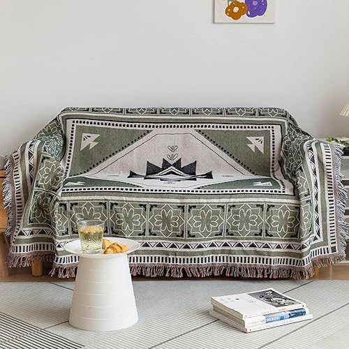 ROOMLIFE Funda de sofá de hilo verde oliva, funda de sofá azteca tejida en jacquard bohemio para sofá modular de 2 a 3 cojines, fundas prácticas