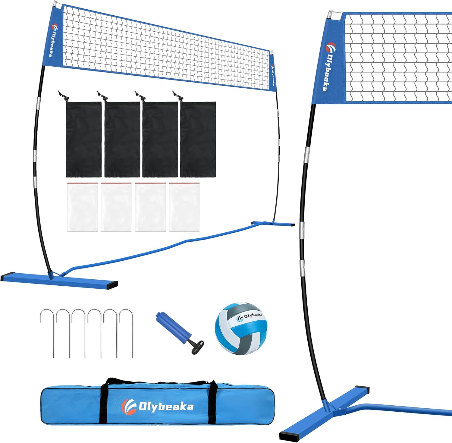 Super Stable Freestanding Volleyball Net, 12ft/14ft Volleyball Set with 5 Adjustable Heights, Portable Training Practice Net for Indoor Outdoor with PU Volleyball and Pump, Sandbag, Stakes, Carry Bag Blue 12 ft