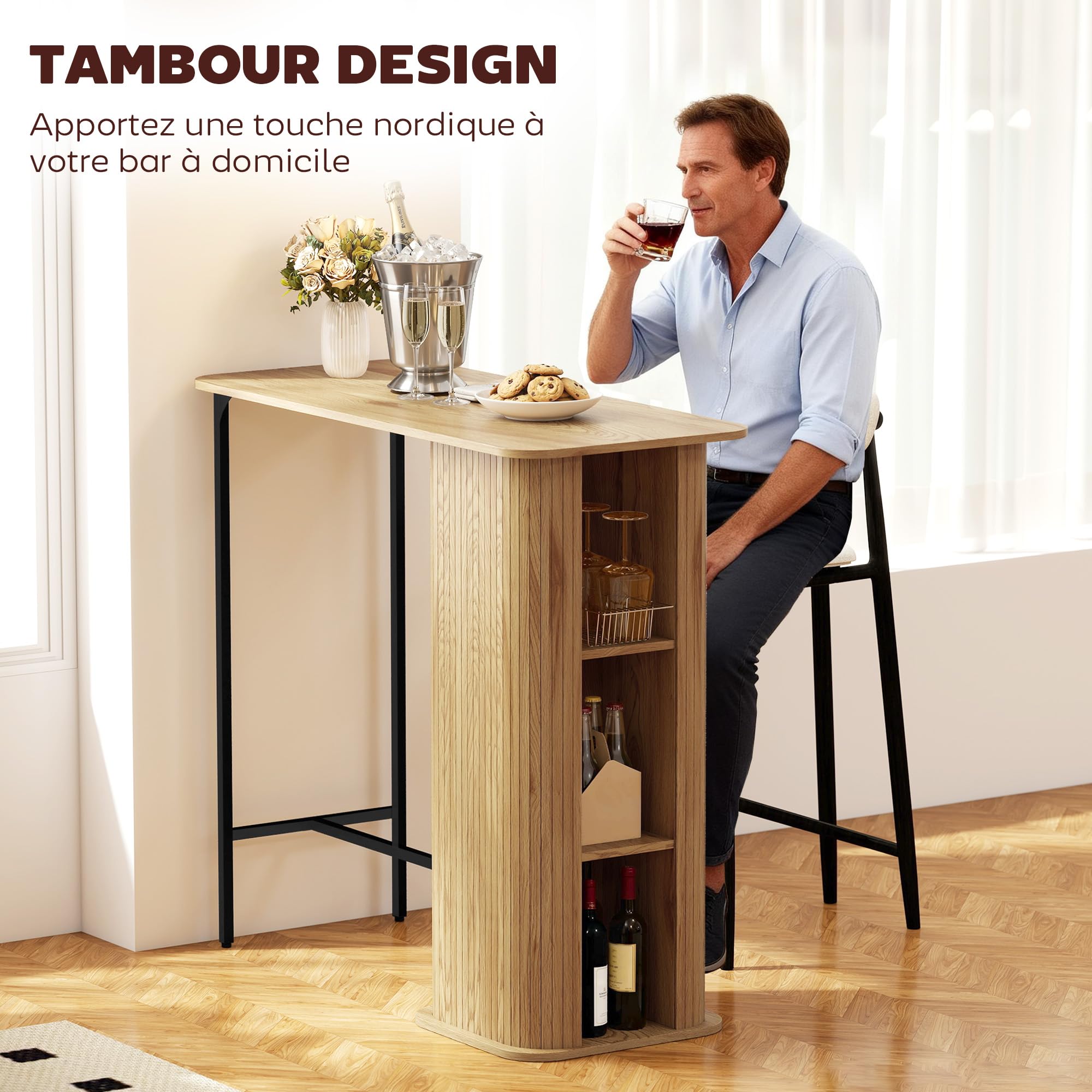 HOMCOM Table de Bar avec 3 étagères, Table Haute Mange Debout pour 2 Personnes, Style scandinave, Design à Lattes et Pieds en métal, pour Petits espaces, Cuisine, Salon, 112x50x106cm, Bois Naturel